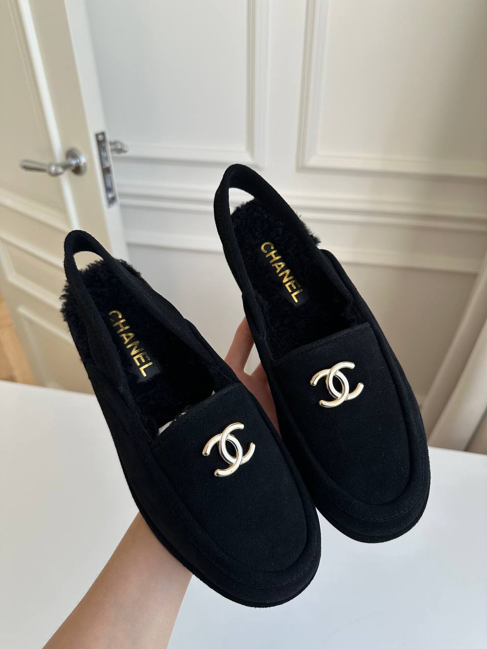 Chanel Shearling-Lined Suede Loafers with Convertible Heel
