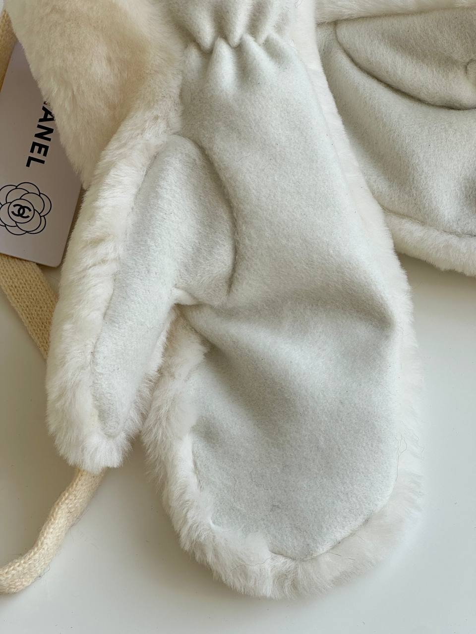 Chanel Off-white Faux Rabbit Fur Mittens With Black CC Embroidery & Neck Strap