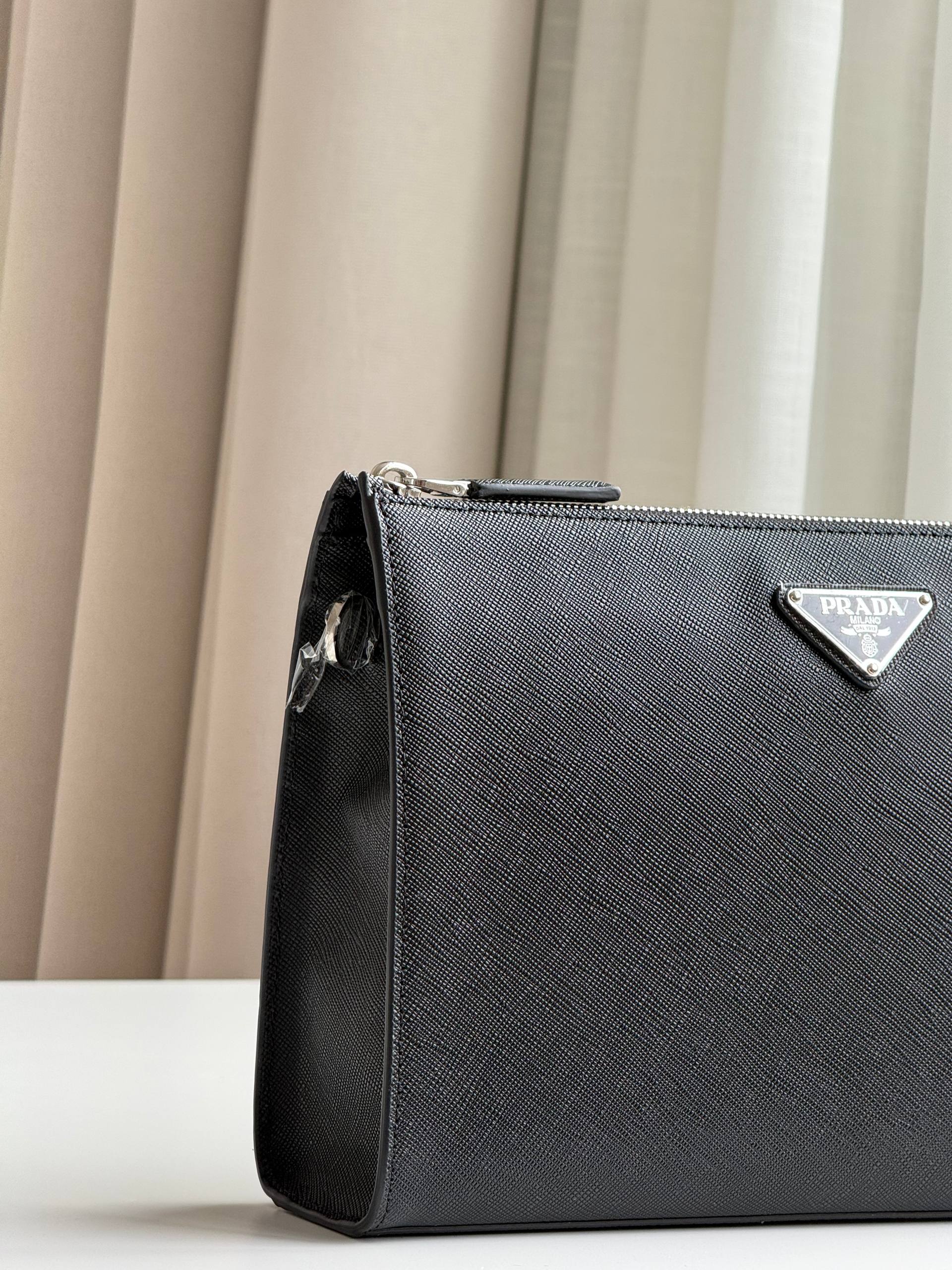Prada Saffiano Leather Triangle Logo Zip Clutch Pouch
