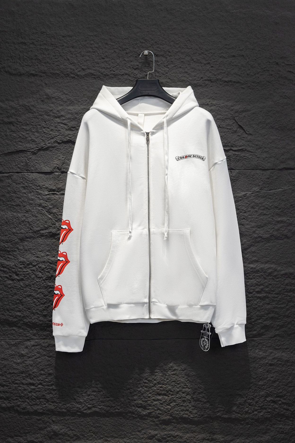 Chrome Heart red tongue Zipper Hoodie White Color
