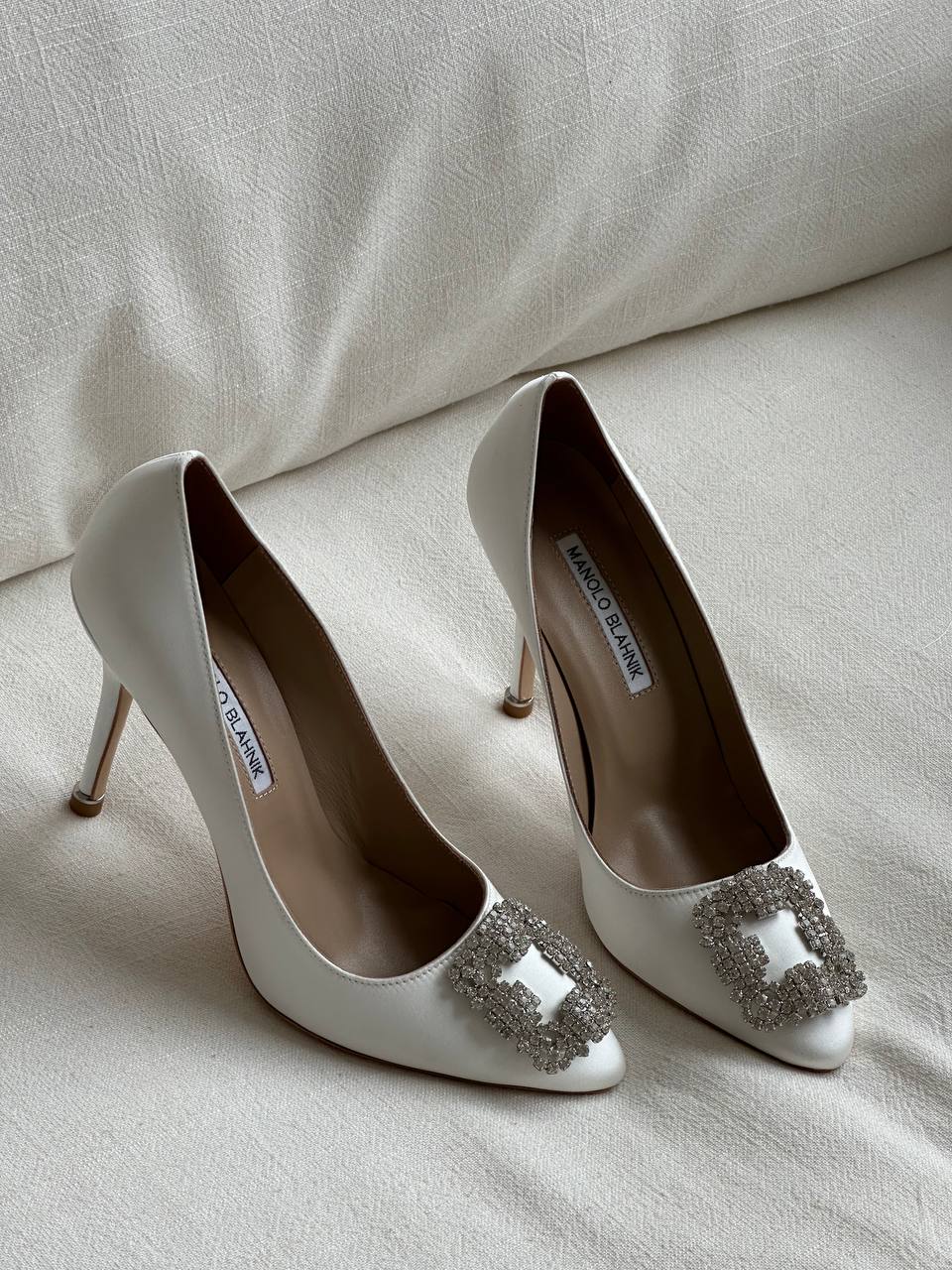Manolo Blahnik White Satin Crystal Square Buckle Pointed Toe Stiletto Pumps