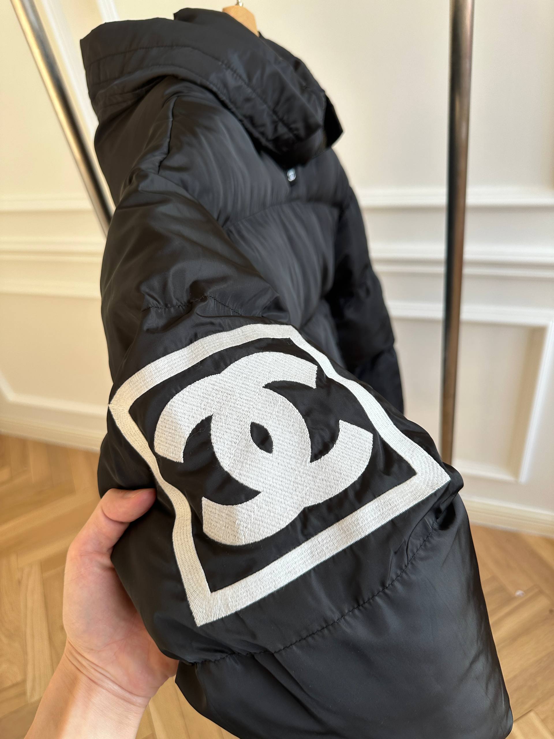 CHANEL Hooded Cropped Puffer Down Jacket with Square CC Patch & Logo Cuff Ribbons