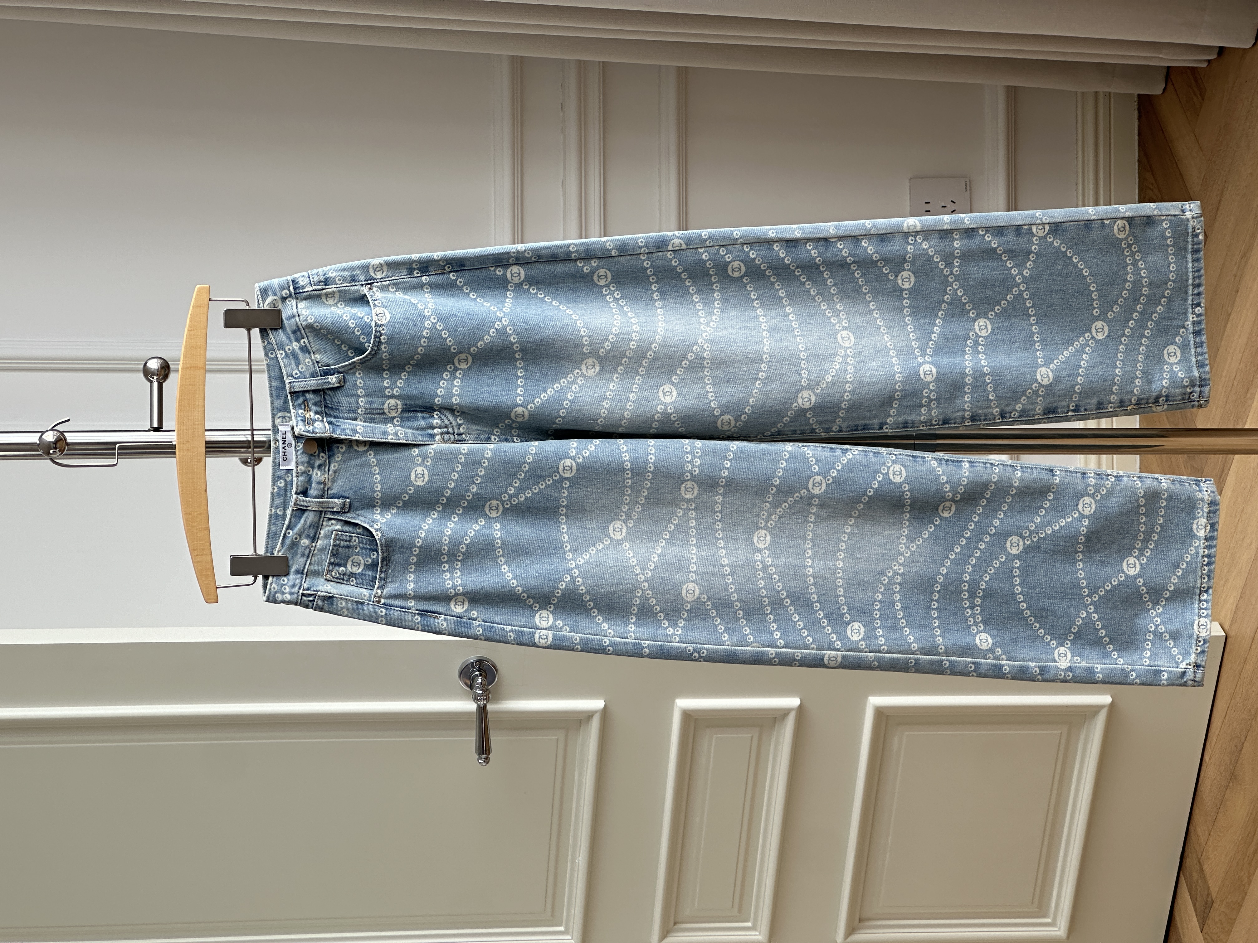 Chanel 25P Light Blue Pearl Chain Print Straight-Leg Jeans