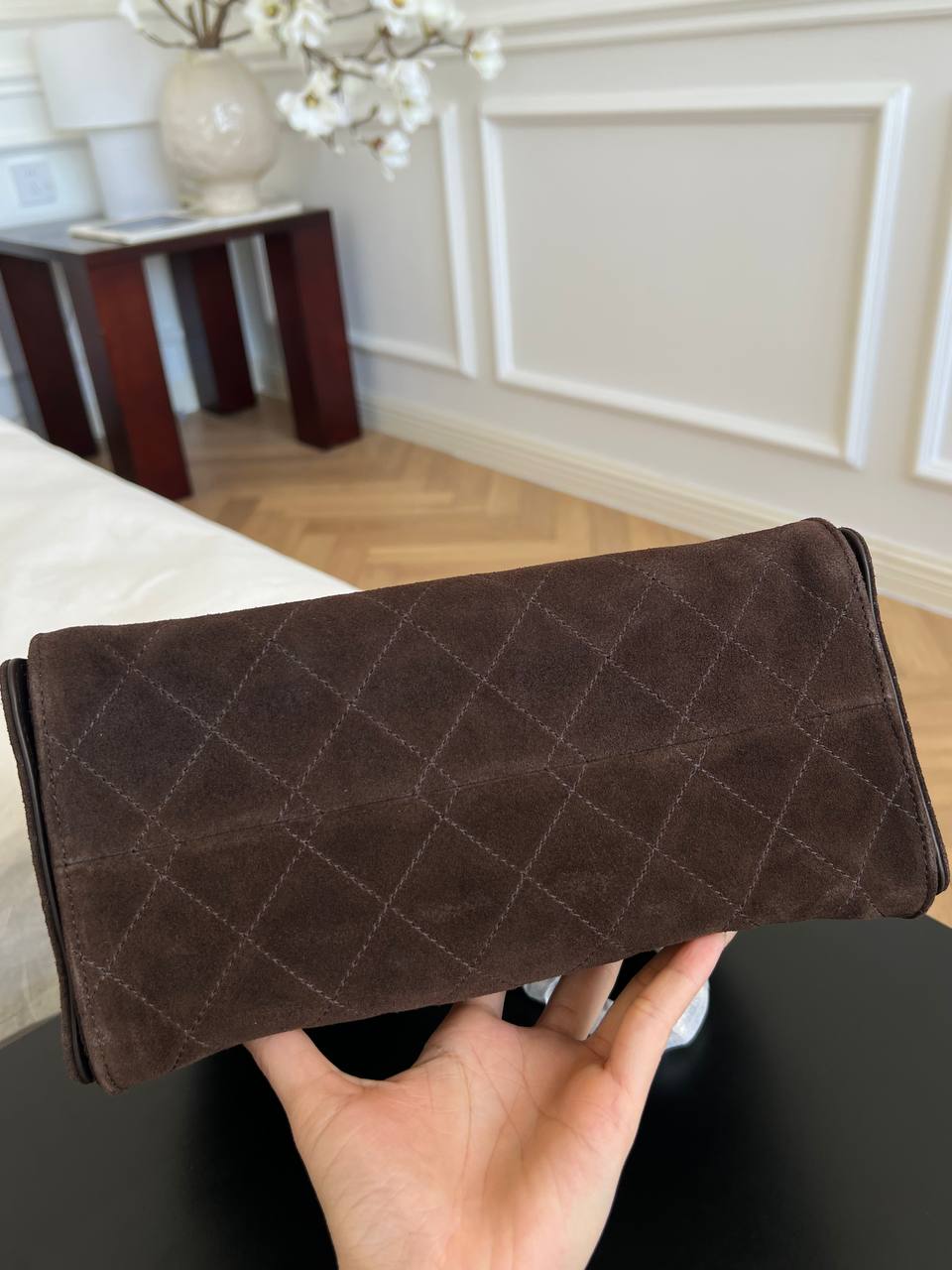 Chanel Dark Brown Suede Diamond-quilted CC Drawstring Tote Chain Bag