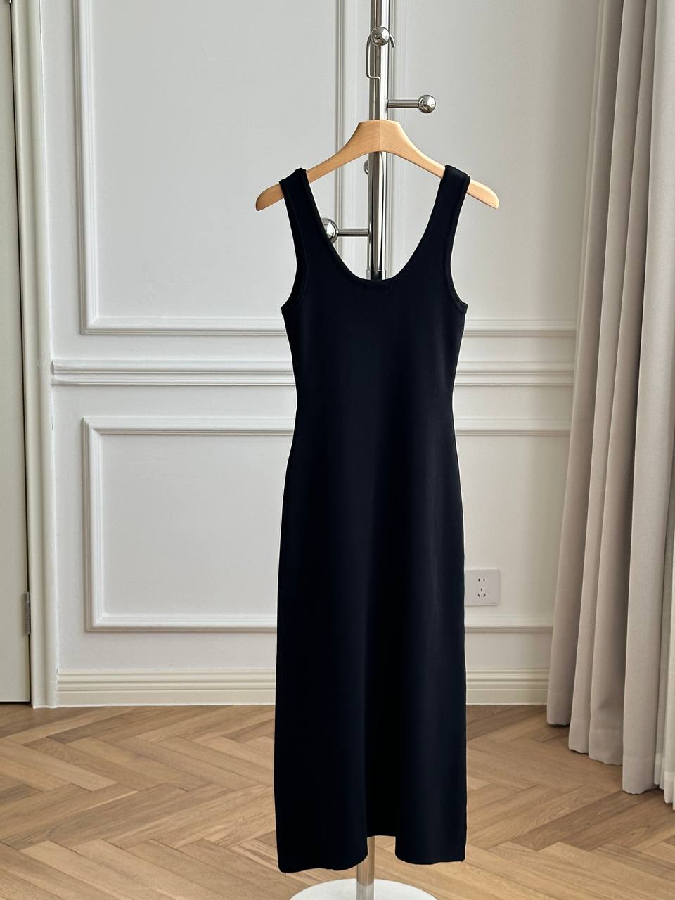 Chanel Black Stretch Knit U-Neck Wide Strap Midi Dress With White Interlocking CC Embroidery Logo