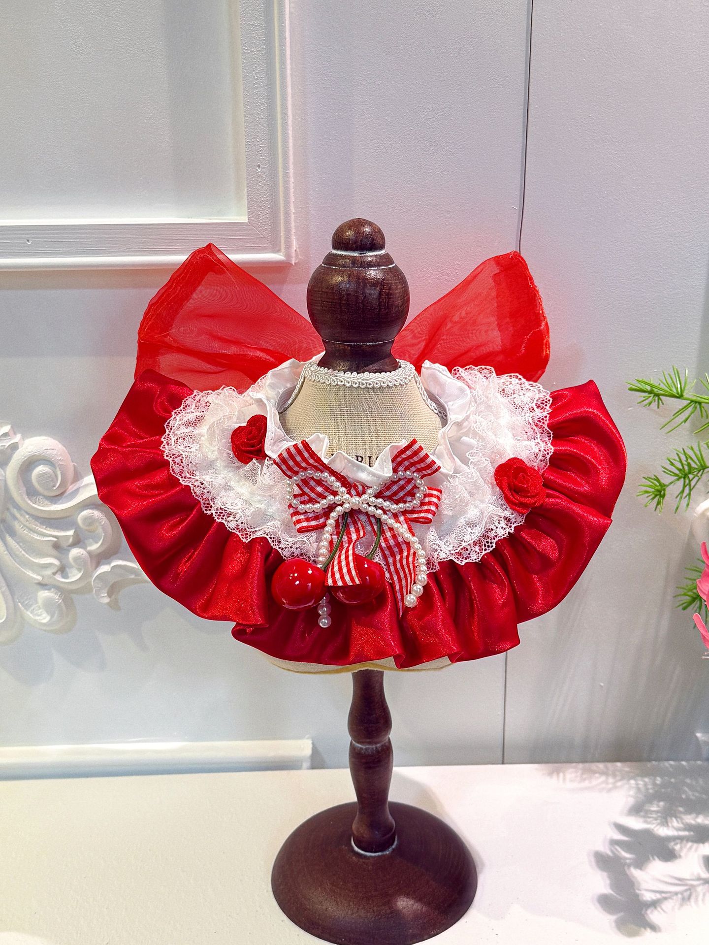 Hand-crafted Red White Lace Ruffle Pet Bib Cherry Gingham Bow Decor Elastic Neck Scarf - MAISONKAIRON