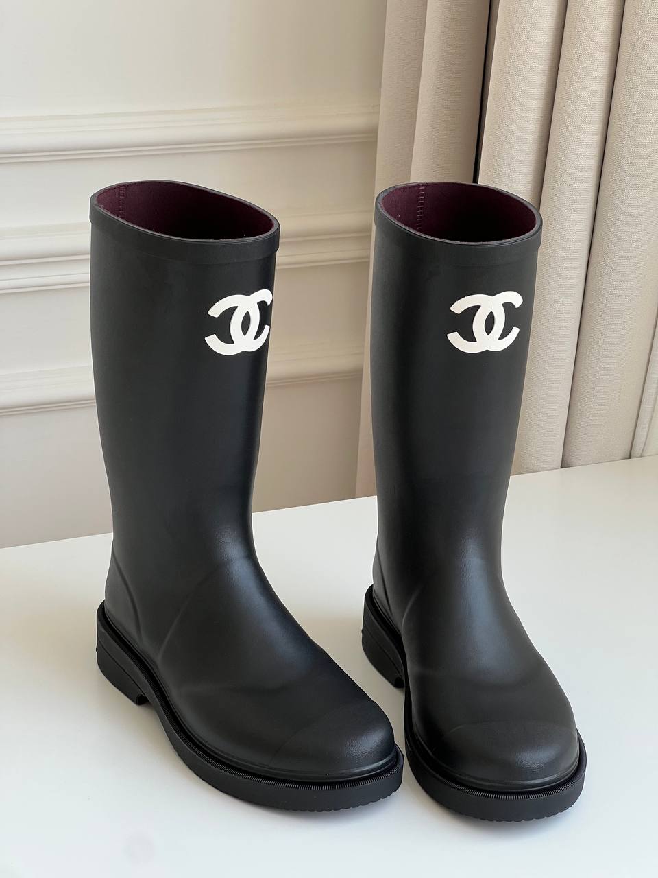 Chanel Black Rubber Tall Rain Boots With White Interlocking CC Logo