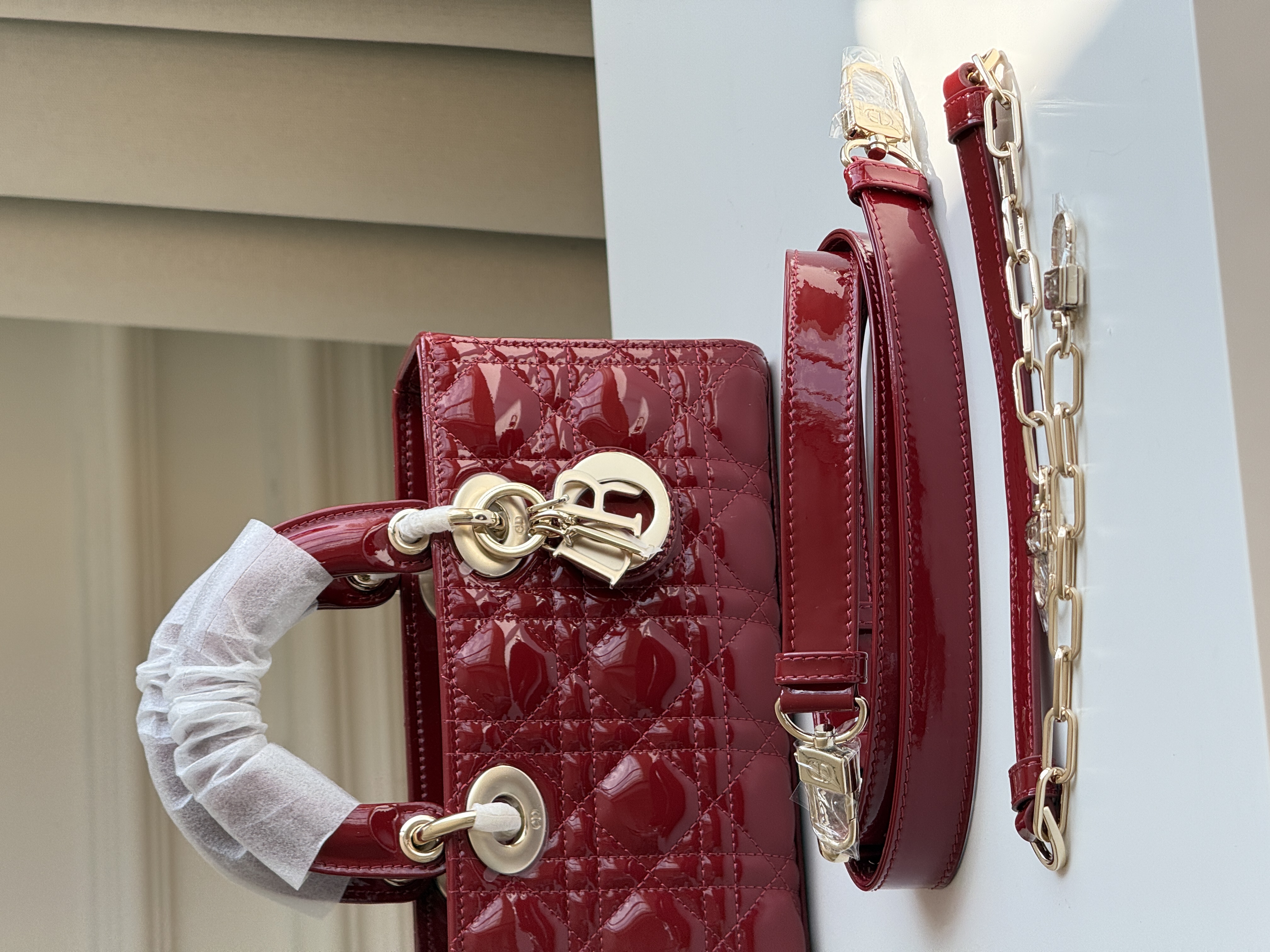 Dior Lady D-Joy Small, Burgundy Patent Leather Horizontal Lady Dior Bag
