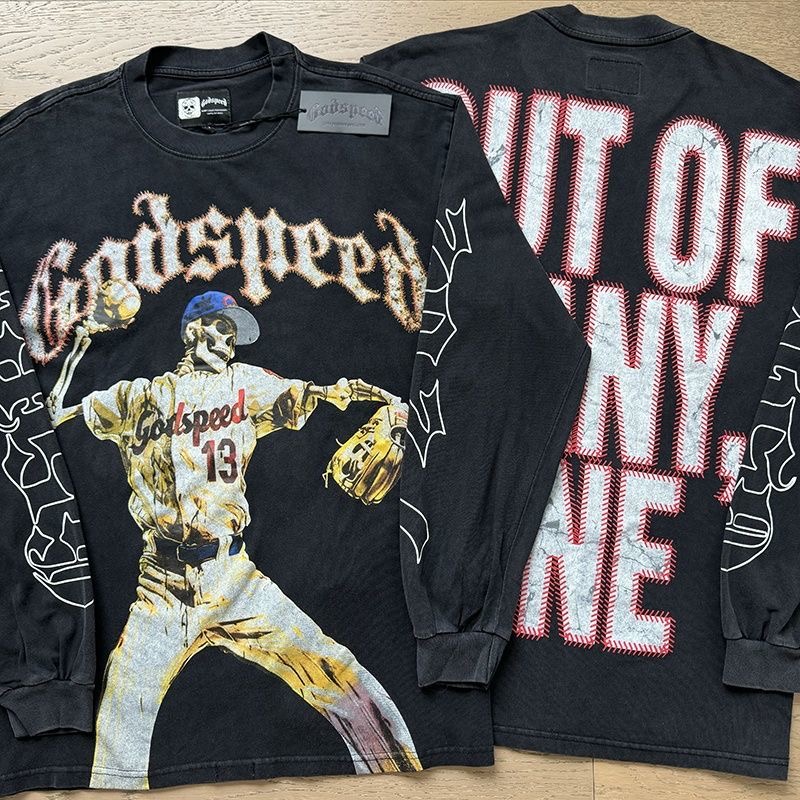 Godspeed Baseball Skull Print Washed Vintage High Street Trendy Long Sleeve T-shirt for Men and Women, Underwear Tee