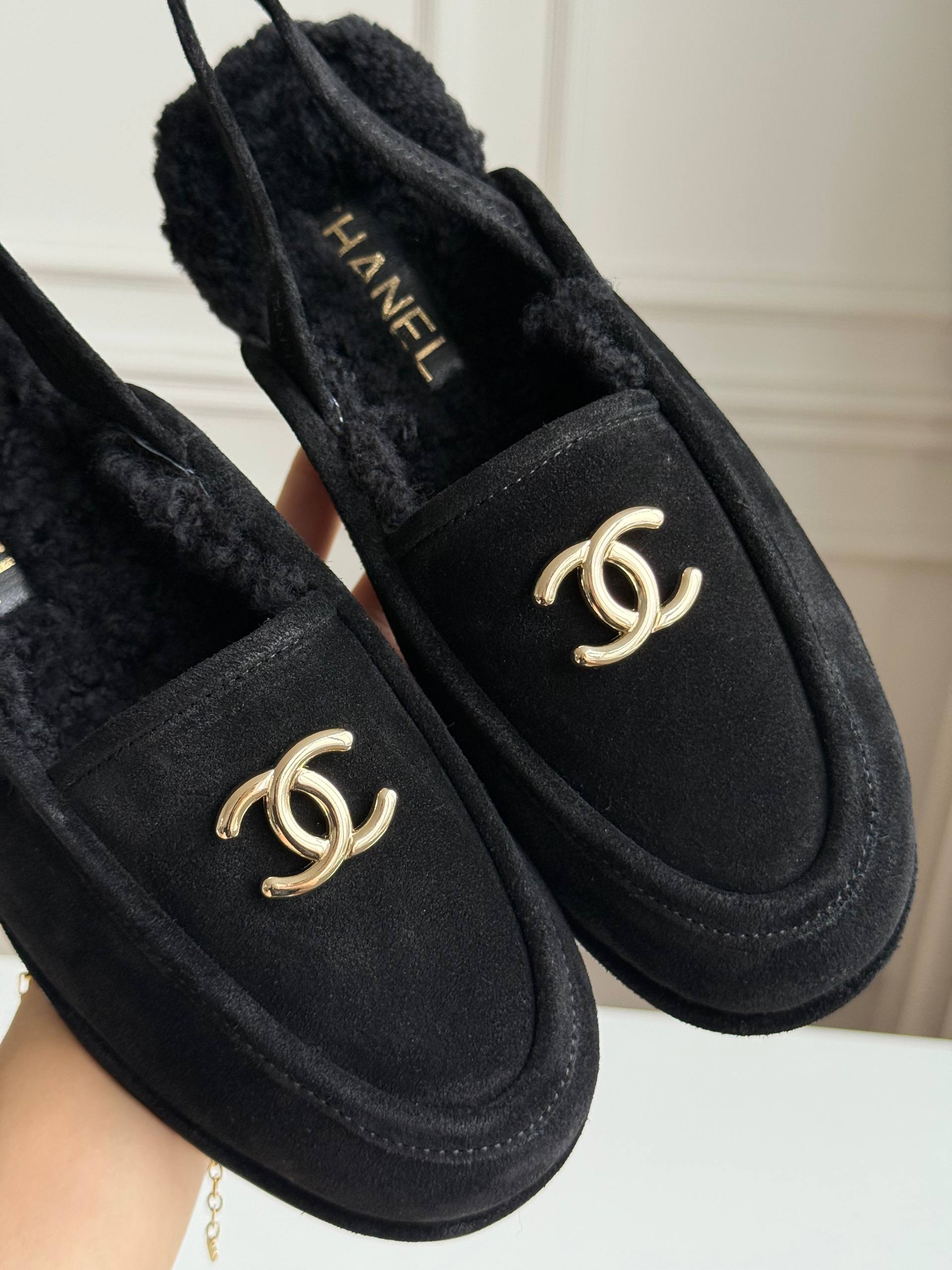 Chanel Suede Shearling Lined Slingback Loafer Mules