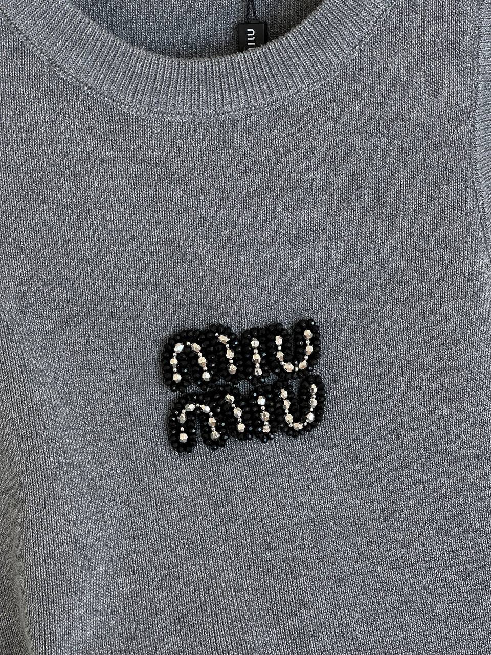 Miu Miu Grey Ribbed Rhinestone Letter Logo Crew Neck Knit Tank Top