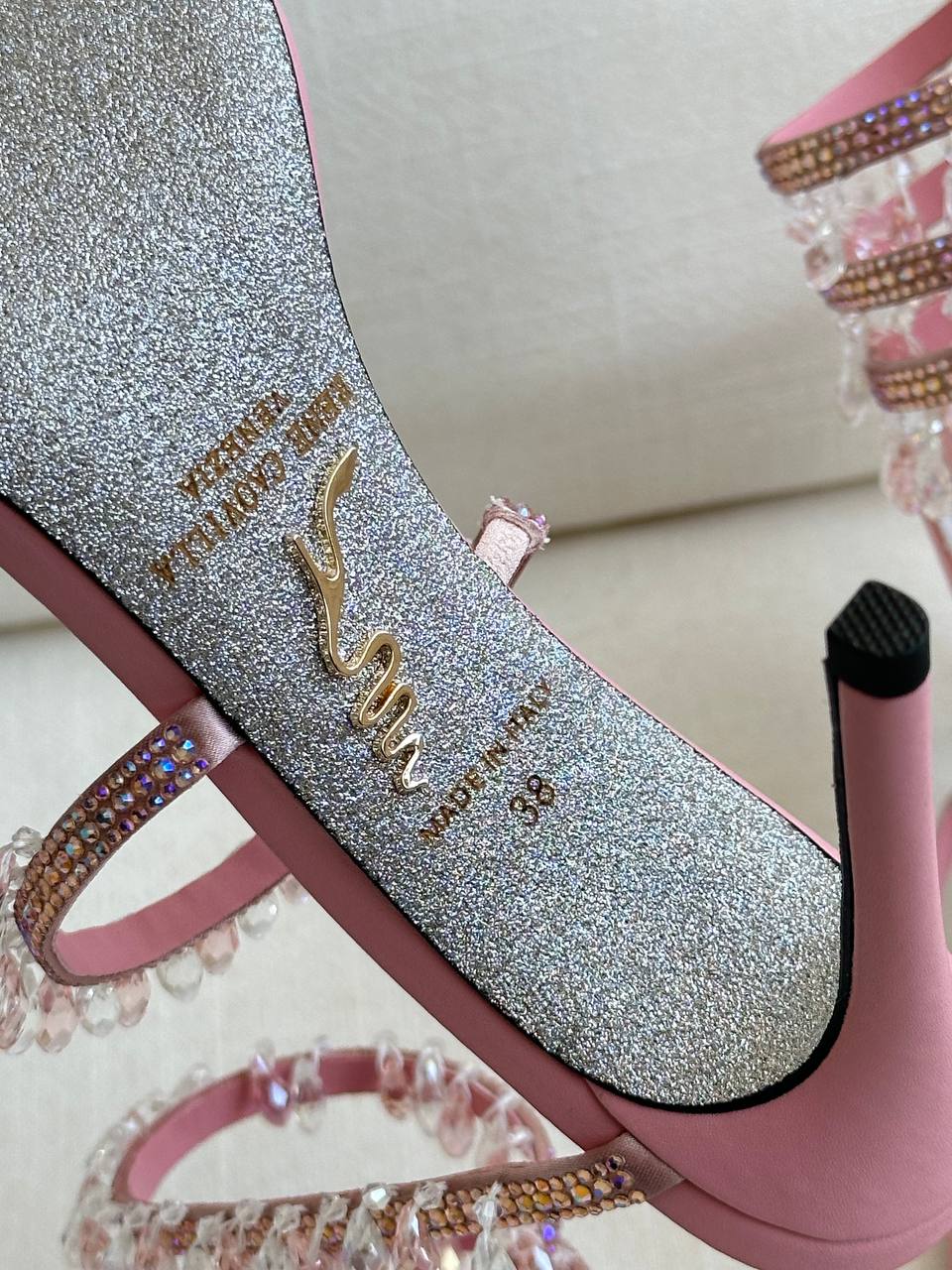 René Caovilla Pink Satin Multi-Layer Crystal Fringe Ankle Wrap Stiletto Sandals