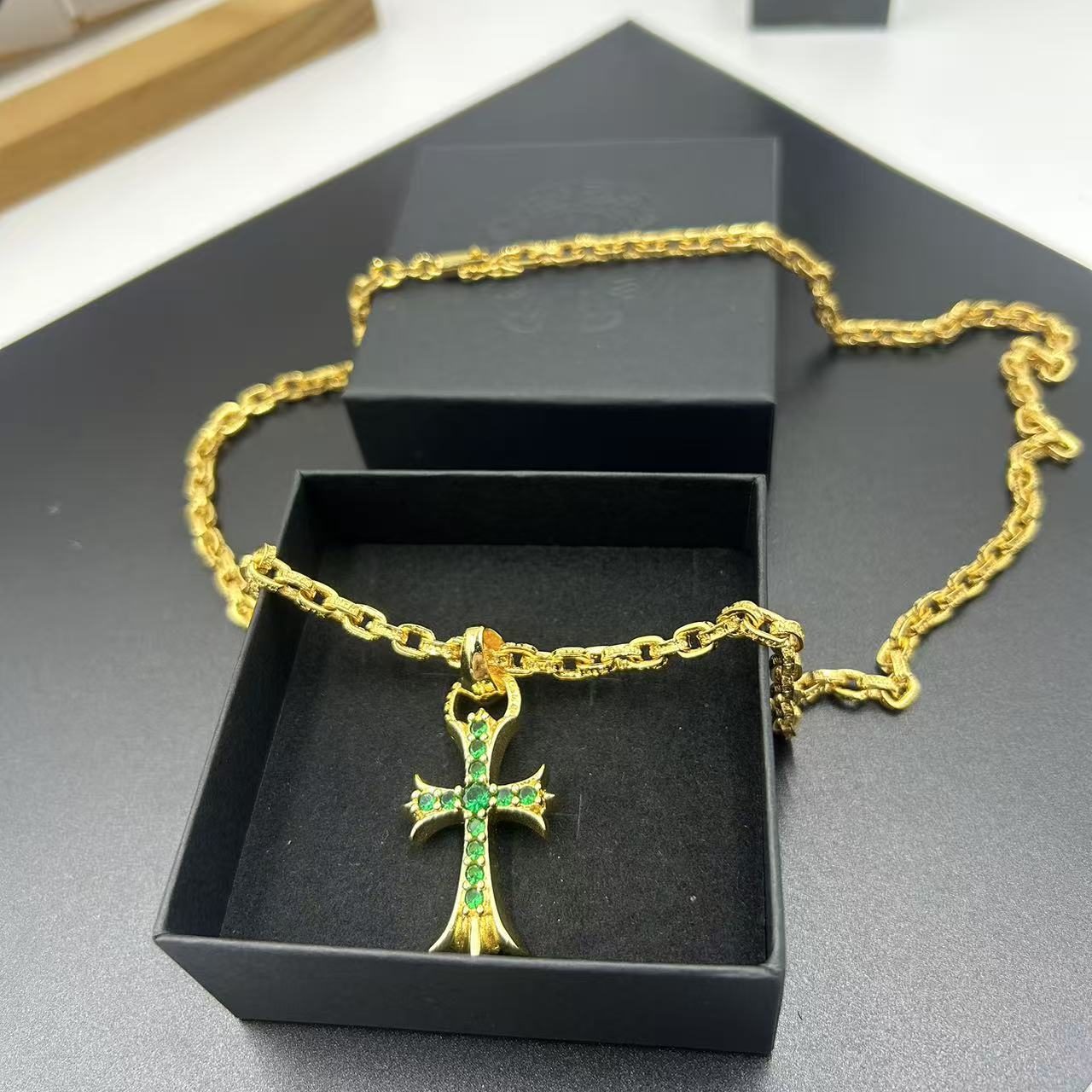CHROME HEARTS 22K GOLD GREEN DIAMOND CROSS NECKLACE