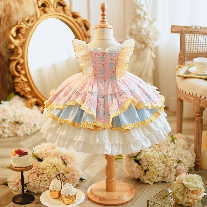 Pastel Pink Blue Lolita Dress Lace Ruffle Tiered Skirt Formal Outfit for Small Dogs Cats - MAISONKAIRON