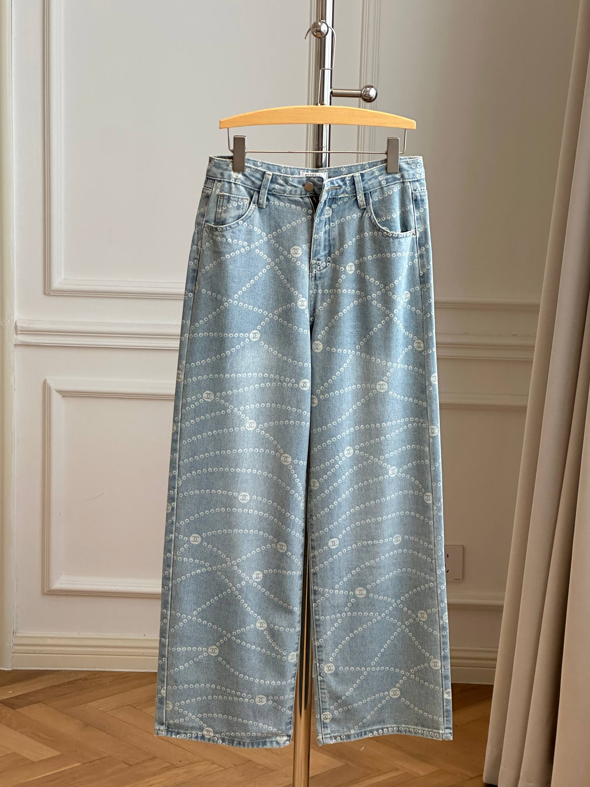 Chanel Pearl Chain CC Logo Printed Wide-Leg Jeans