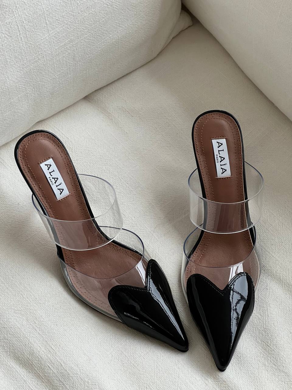 Alaïa Black Patent Leather Clear PVC Double Strap Pointed Toe High Heel Mule Sandals