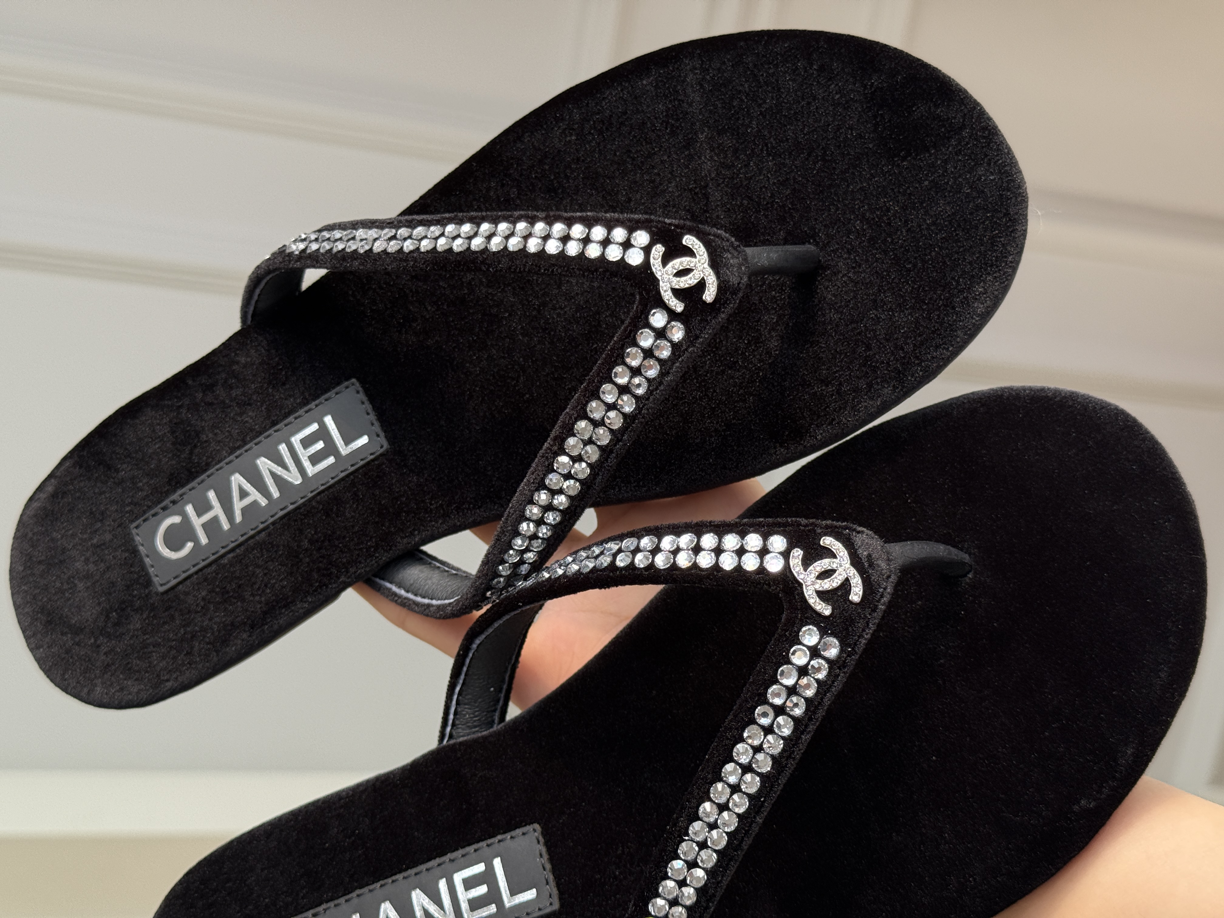 Chanel Velvet Flip-Flop Sandals with Strass and CC Logo