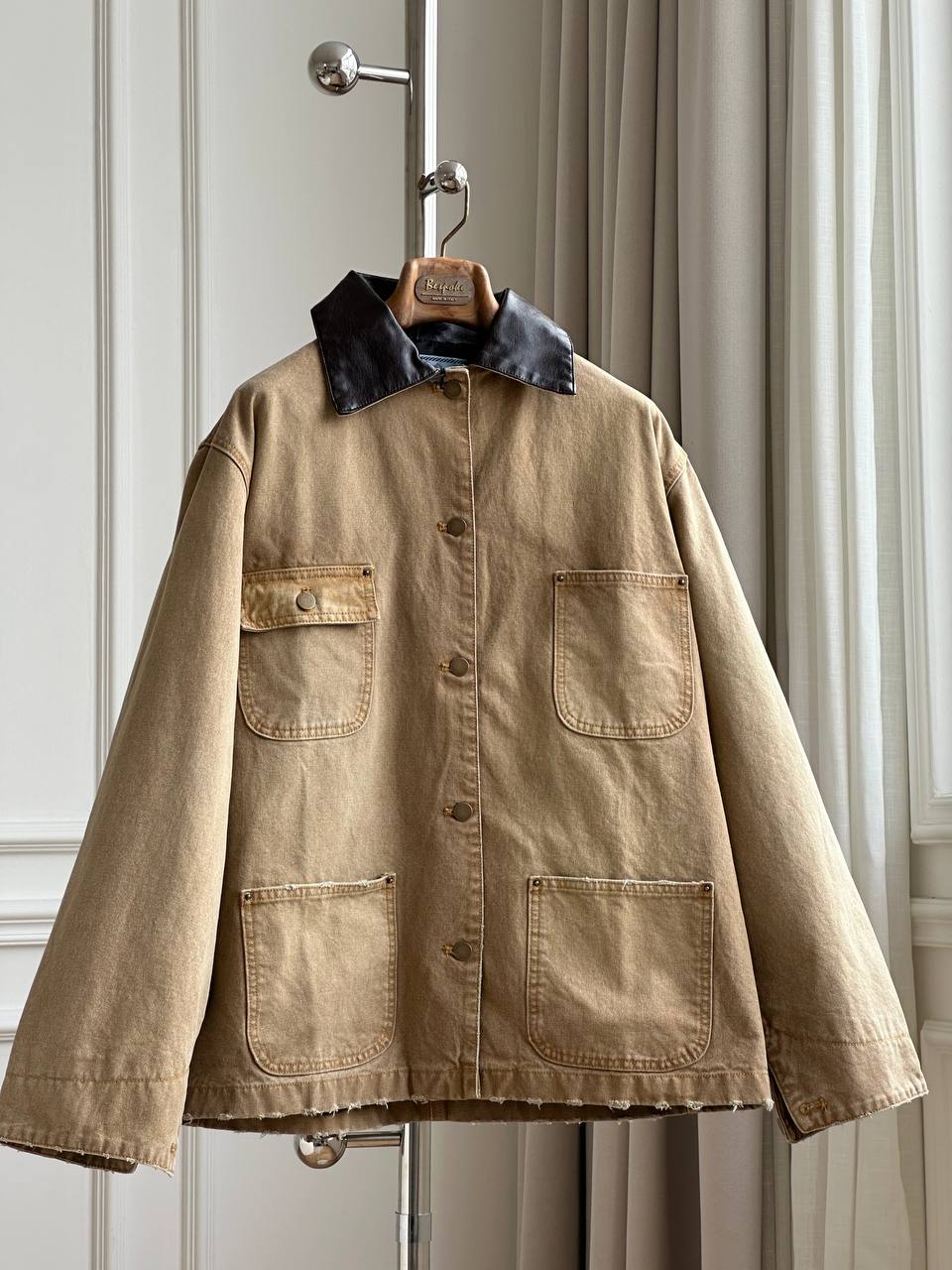 Vintage Washed Khaki Workwear Jacket With Black Leather Collar, Multi-Pocket Raw Hem Loose Coat