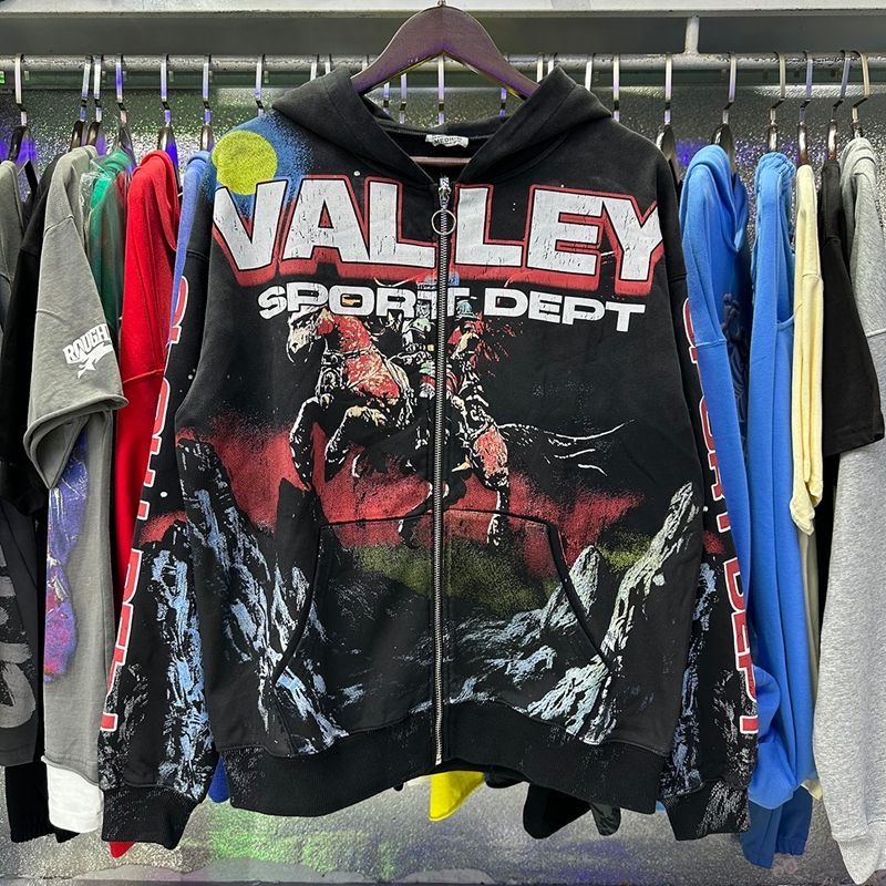 Vale Knight Printed Retro Washed Outdated Hoodie Zipper cardigan Coat
