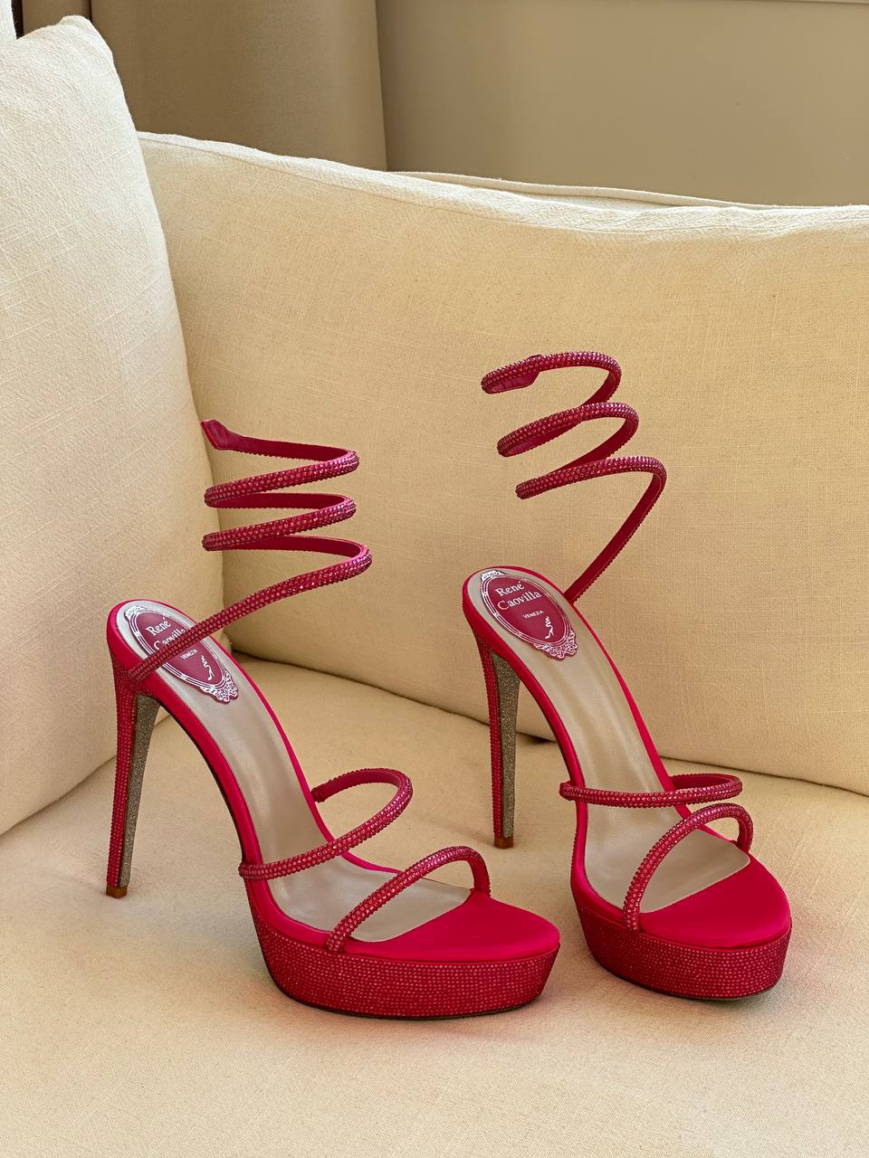 Rene Caovilla Magenta Satin Spiral Crystal Strap Platform Stiletto Sandals