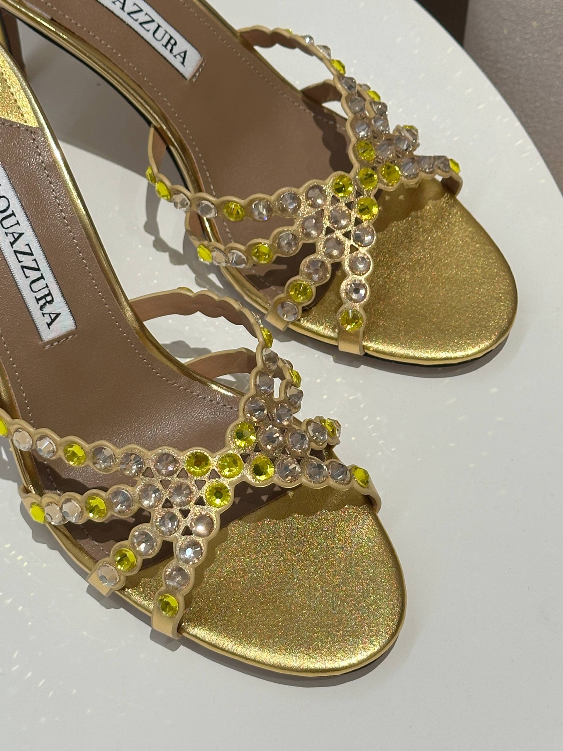 Aquazzura Tequila Mule 75 Crystal-Embellished Gold Leather Sandals