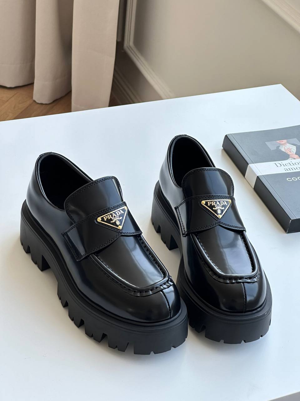 Prada Triangle Logo Brushed Leather Platform Loafers