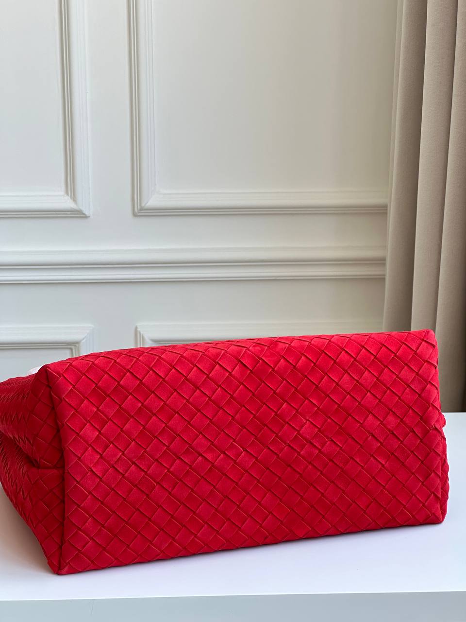 Bottega Veneta Bright Red Intrecciato Hand-Woven Leather Knot Buckle Large Tote Bag