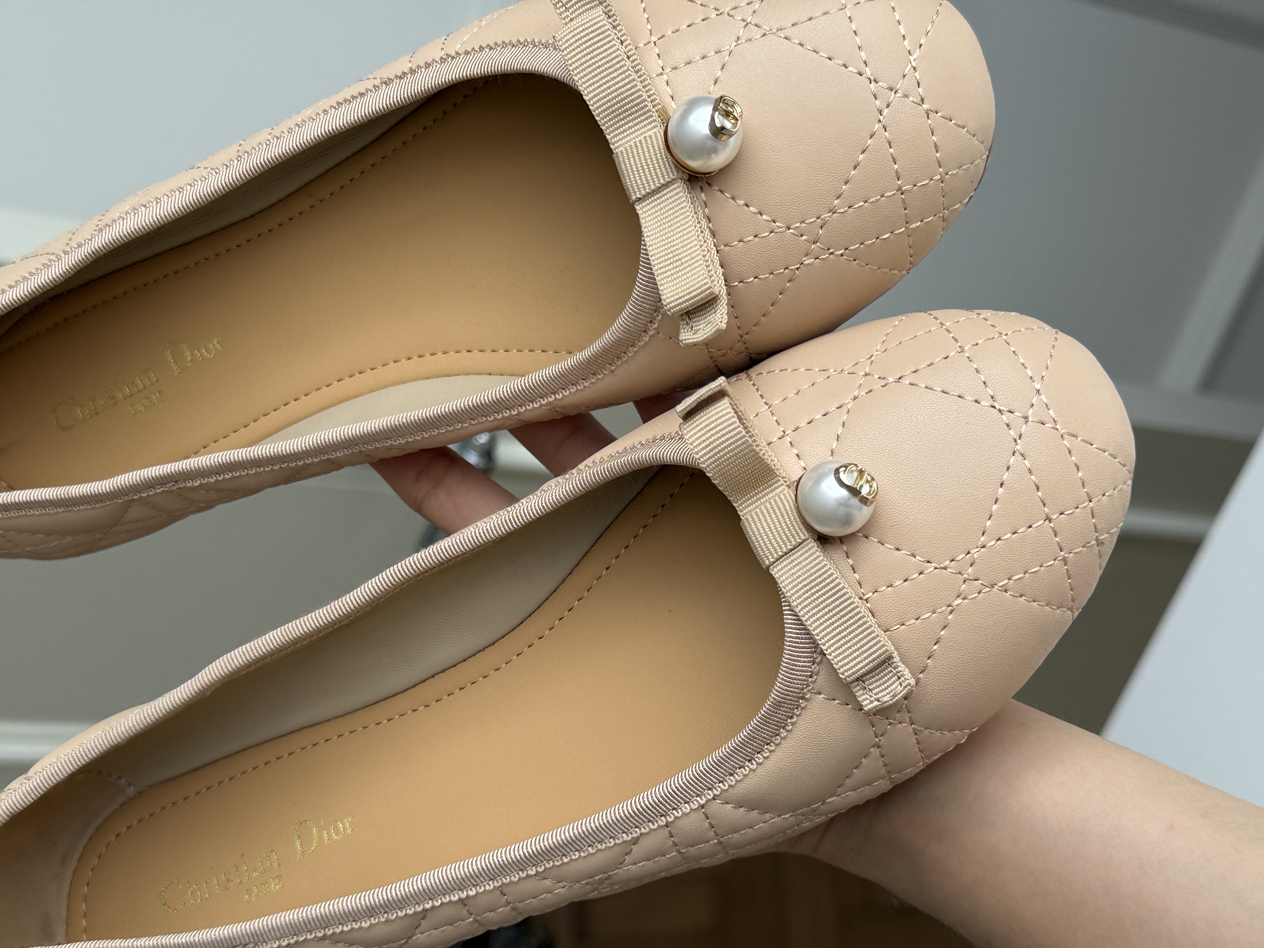 Nude Quilted Pearl Bow Flat Ballet Shoes