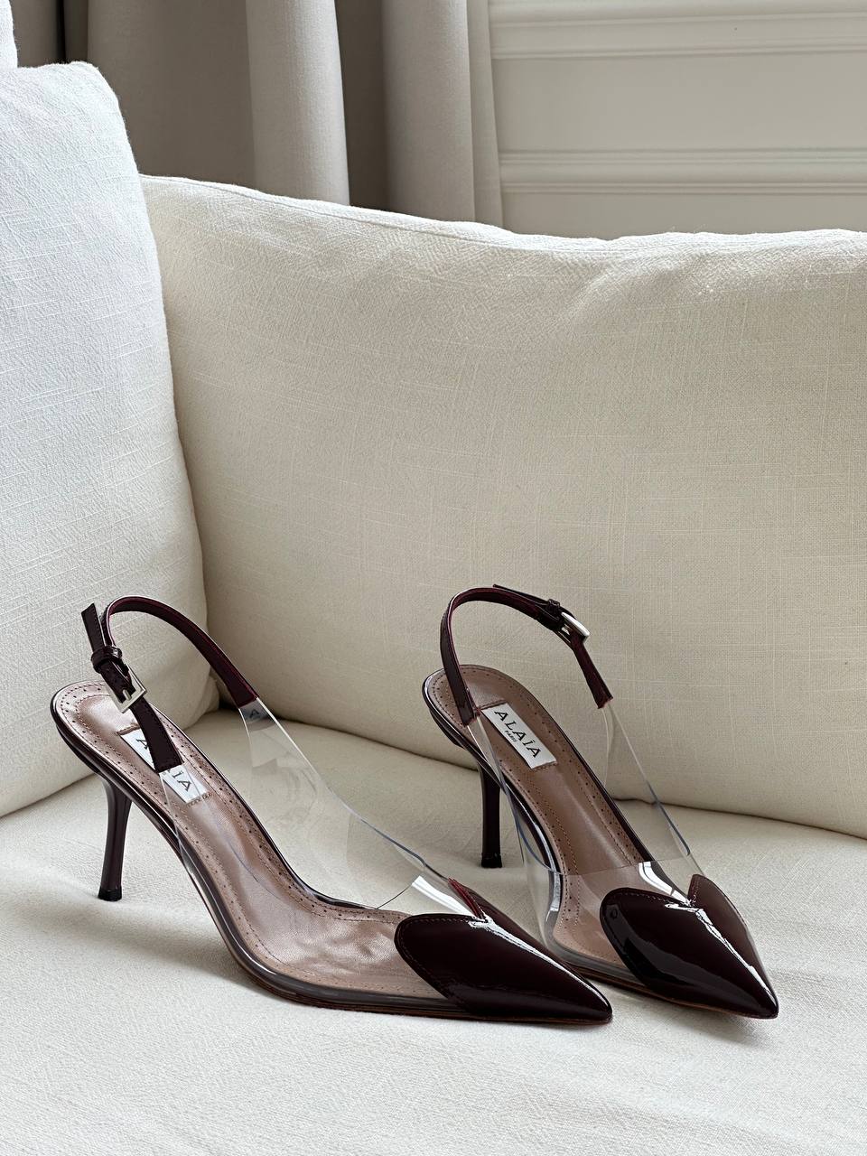 ALAÏA Burgundy Patent Leather Pointed Toe Clear PVC Slingback Stiletto Heels
