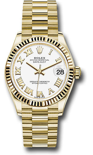 Rolex Yellow Gold Datejust 31 Watch - Fluted Bezel - White Roman Dial - President Bracelet - 278278 wrp【1:1 Replica】