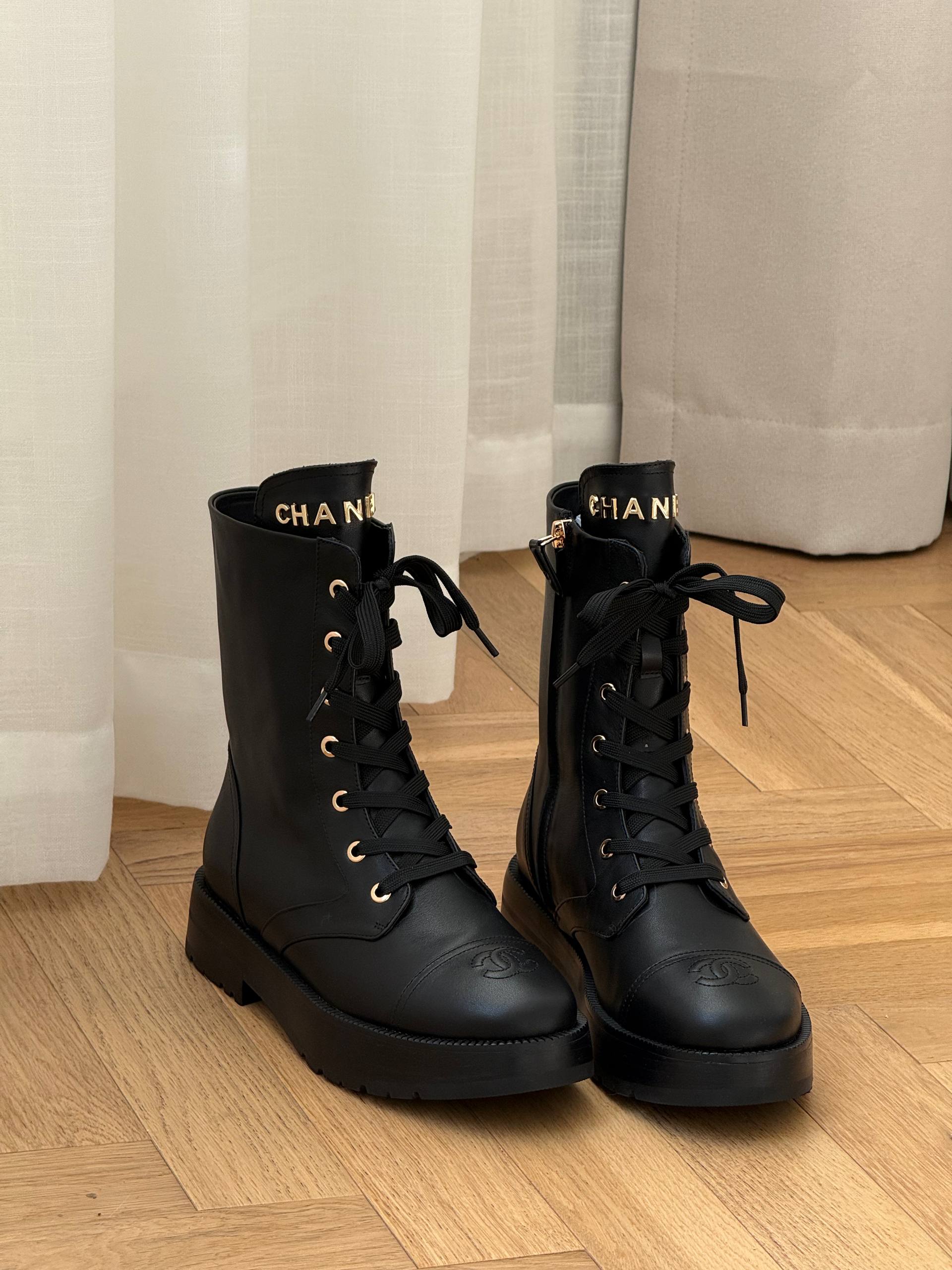 Chanel Calfskin Logo Combat Lace-Up Boots