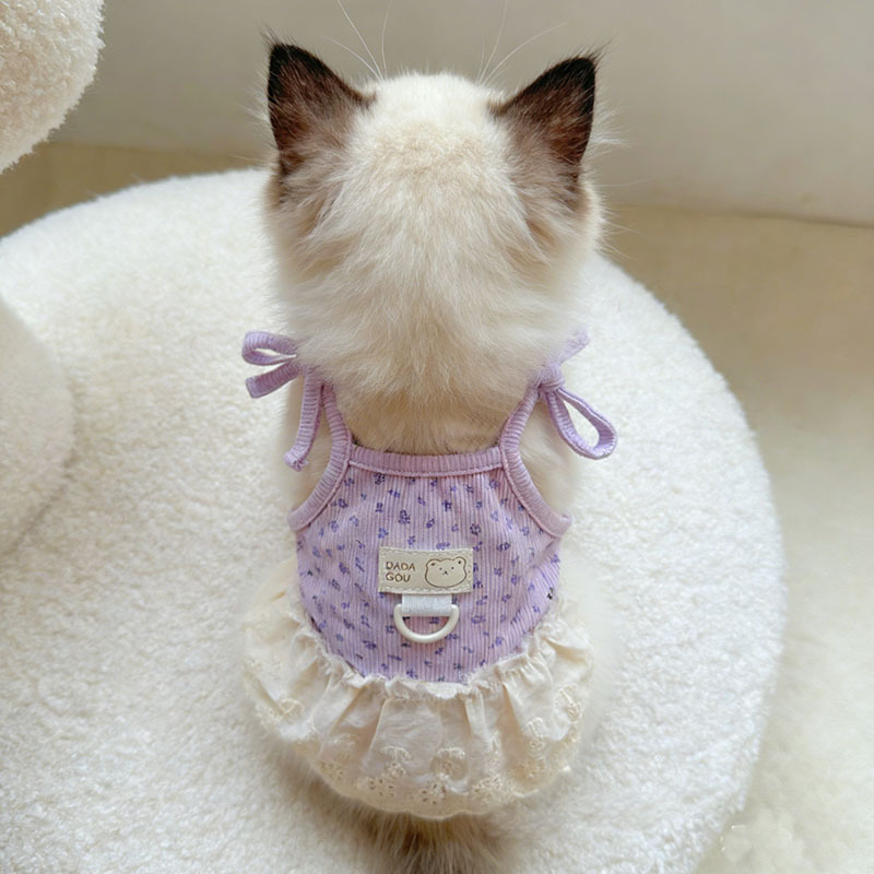 Lavender&Pink Floral Print Halter Dress Lace Ruffle Hem with D-Ring for Small Dogs Cats - MAISONKAIRON