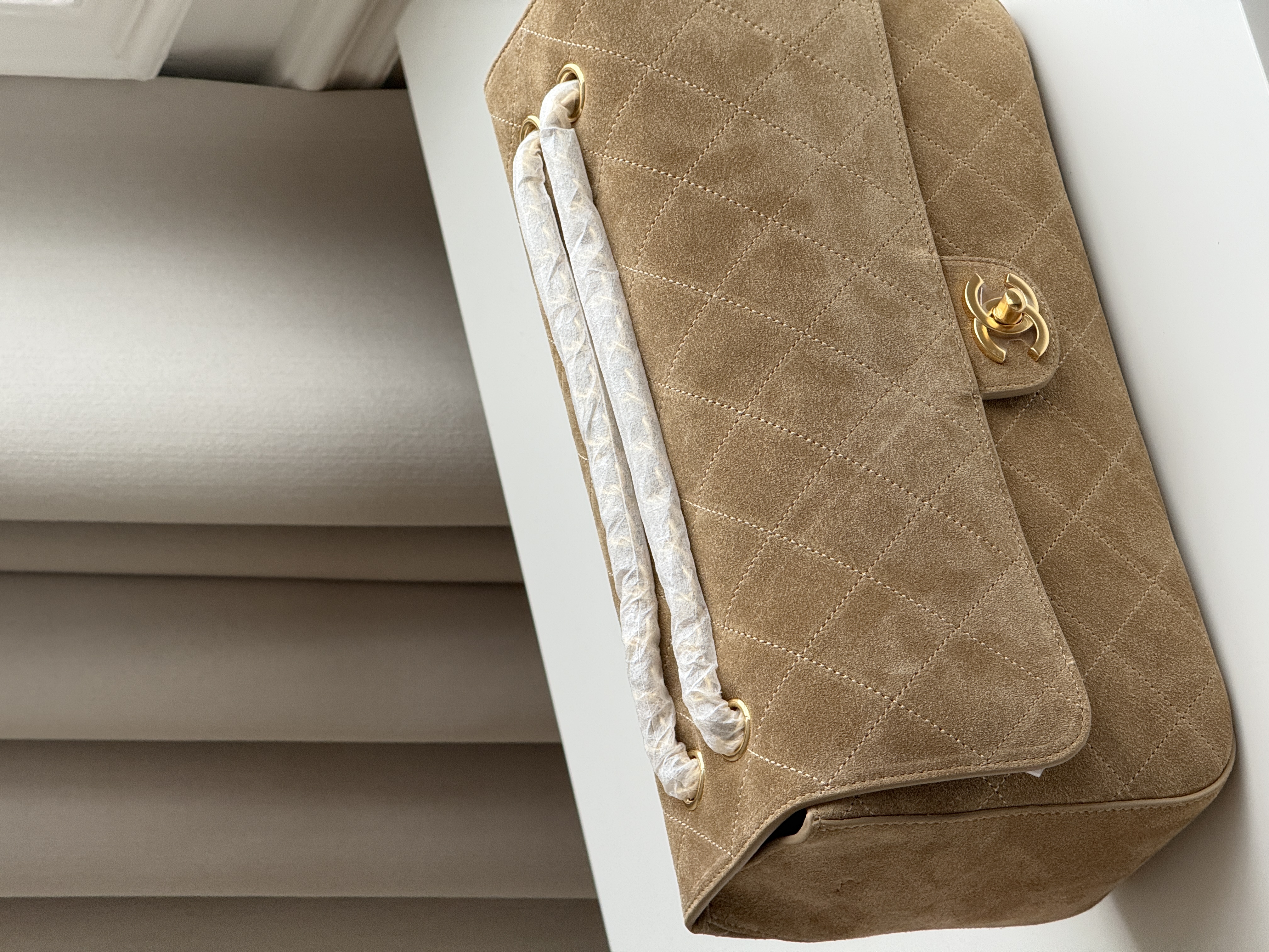 Chanel Light Camel Suede Diamond Quilted Classic Flap Baguette Shoulder Bag