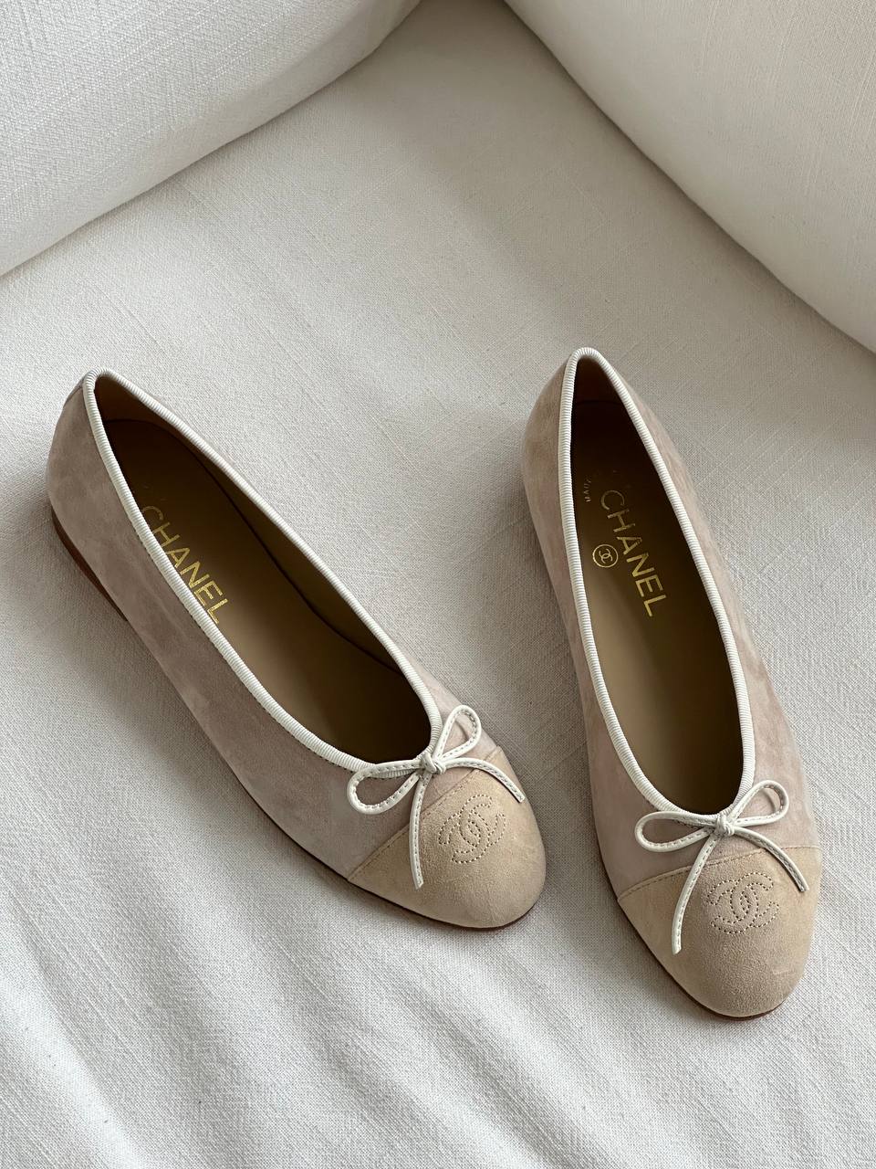 Chanel Nude Suede Two-Tone Bow CC Embossed Ballet Flats
