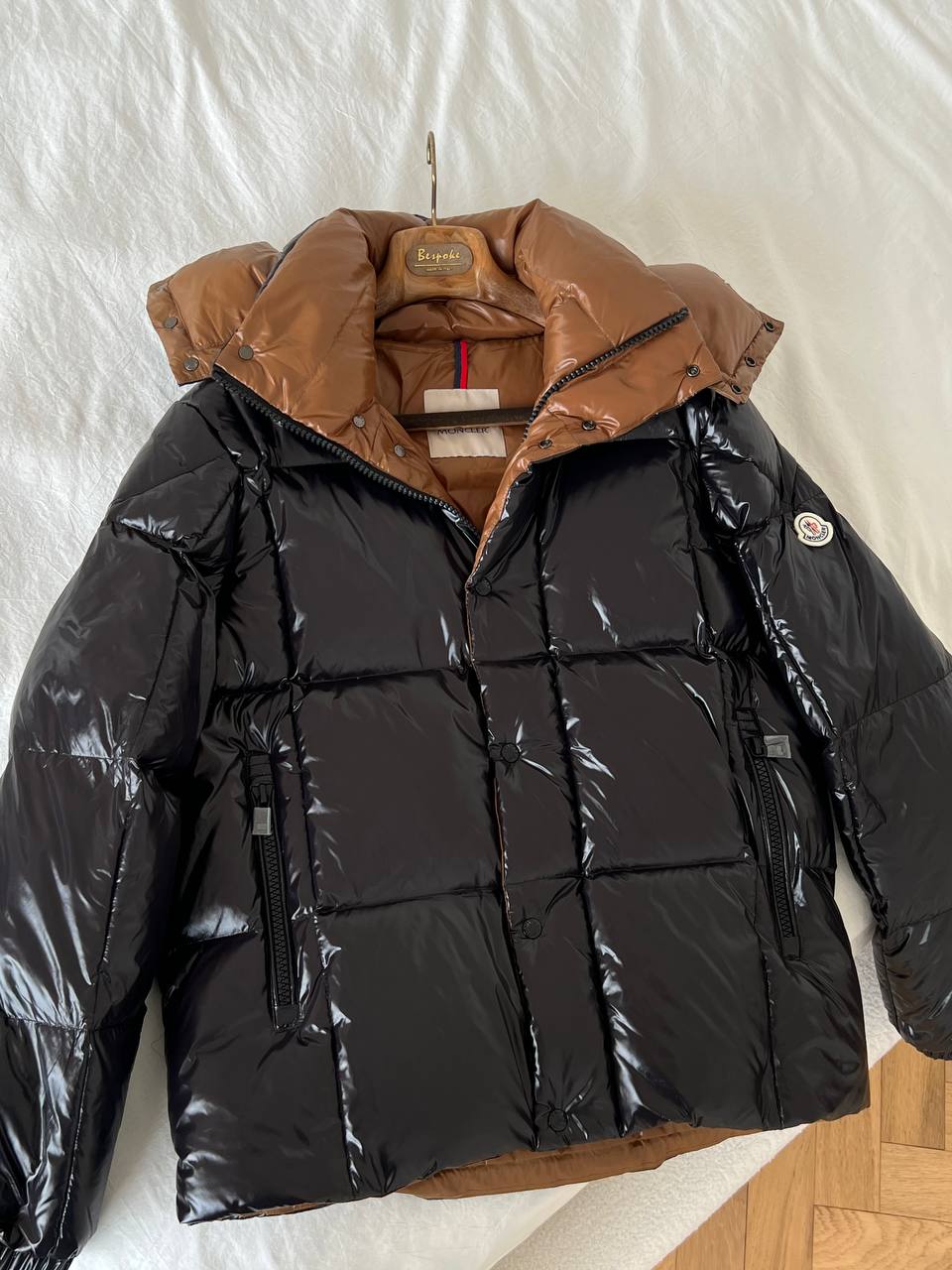 Moncler Black Shiny Nylon Contrast Brown Lining Detachable Hood Down Jacket