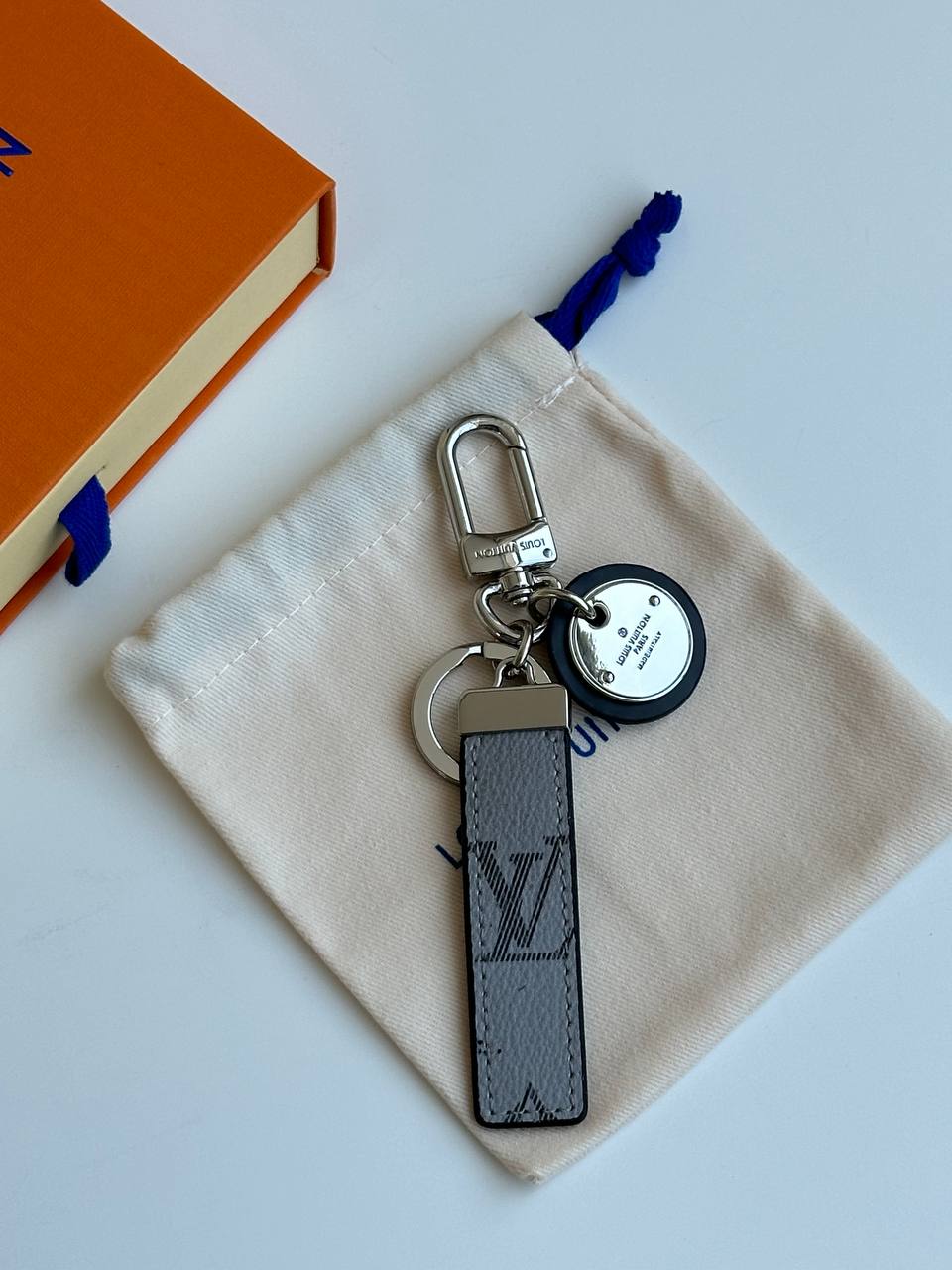 Louis Vuitton Monogram Eclipse Leather Strap Round LV Metal Plate Keychain Bag Charm