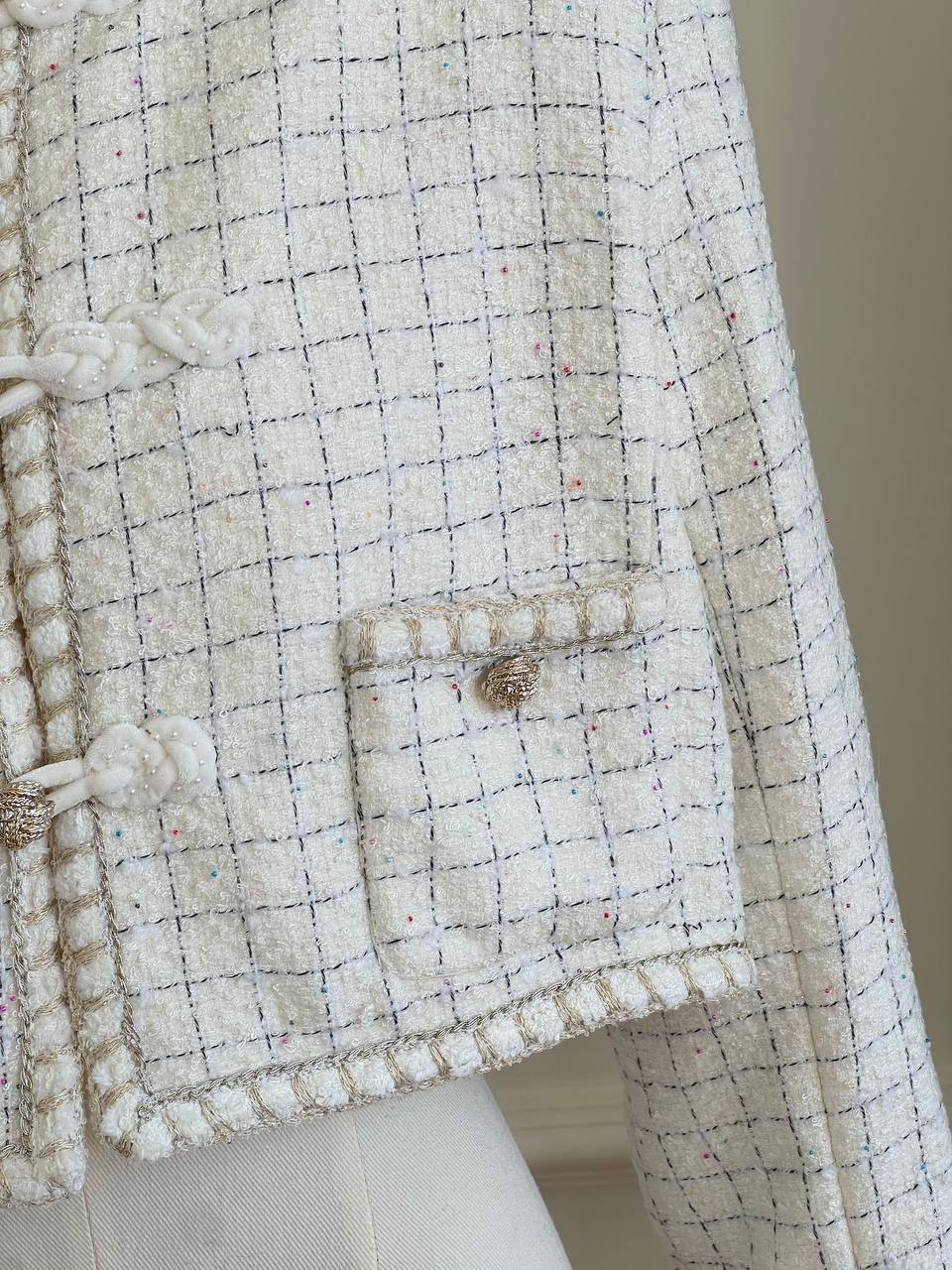 Chanel Grid Tweed Cropped Jacket With Chinese-style Frog Buttons