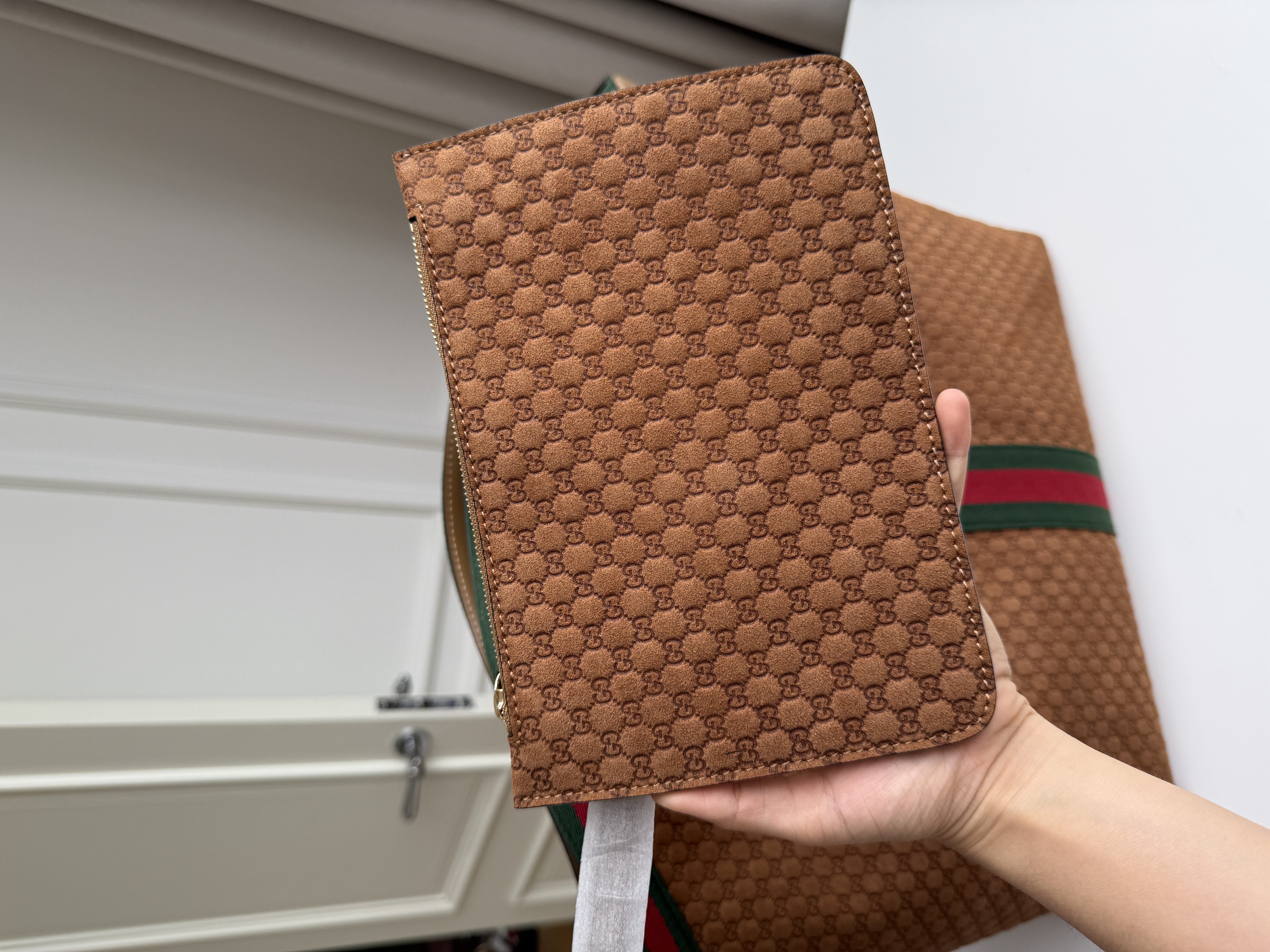 Gucci Caramel GG Monogram Suede Tote Handbag With Web Stripe & Double G Logo