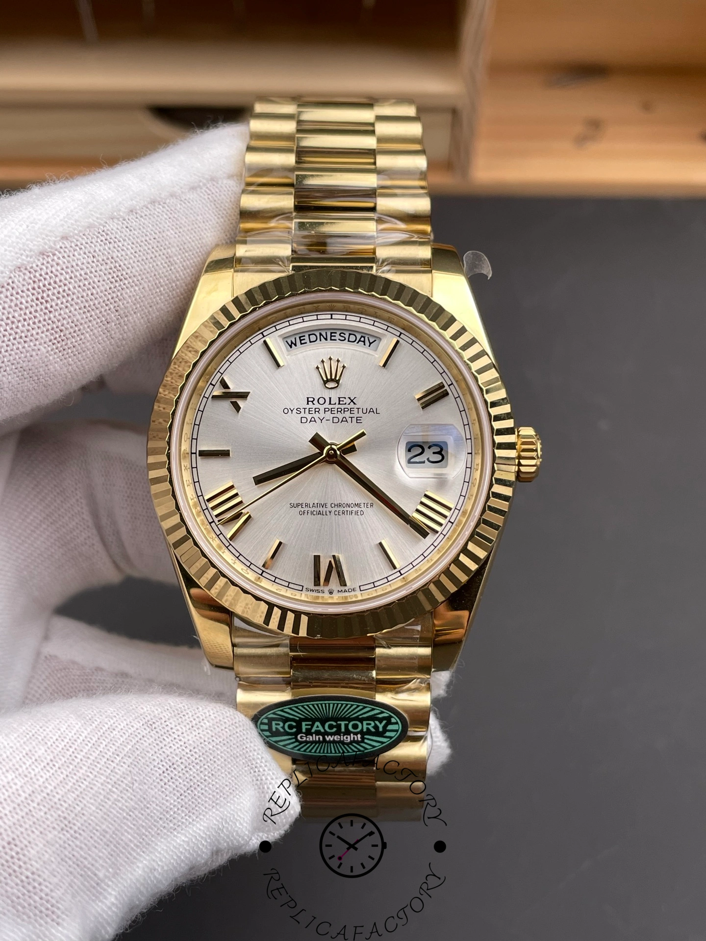Rolex Day-Date 228238 Silver Roman Dial Fluted Bezel 40mm Mens Replica Watch
