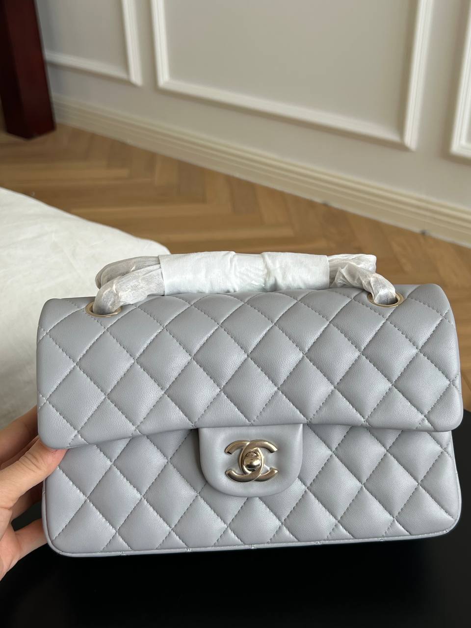 Chanel Light Grey Lambskin Quilted Classic Flap Top Handle Bag