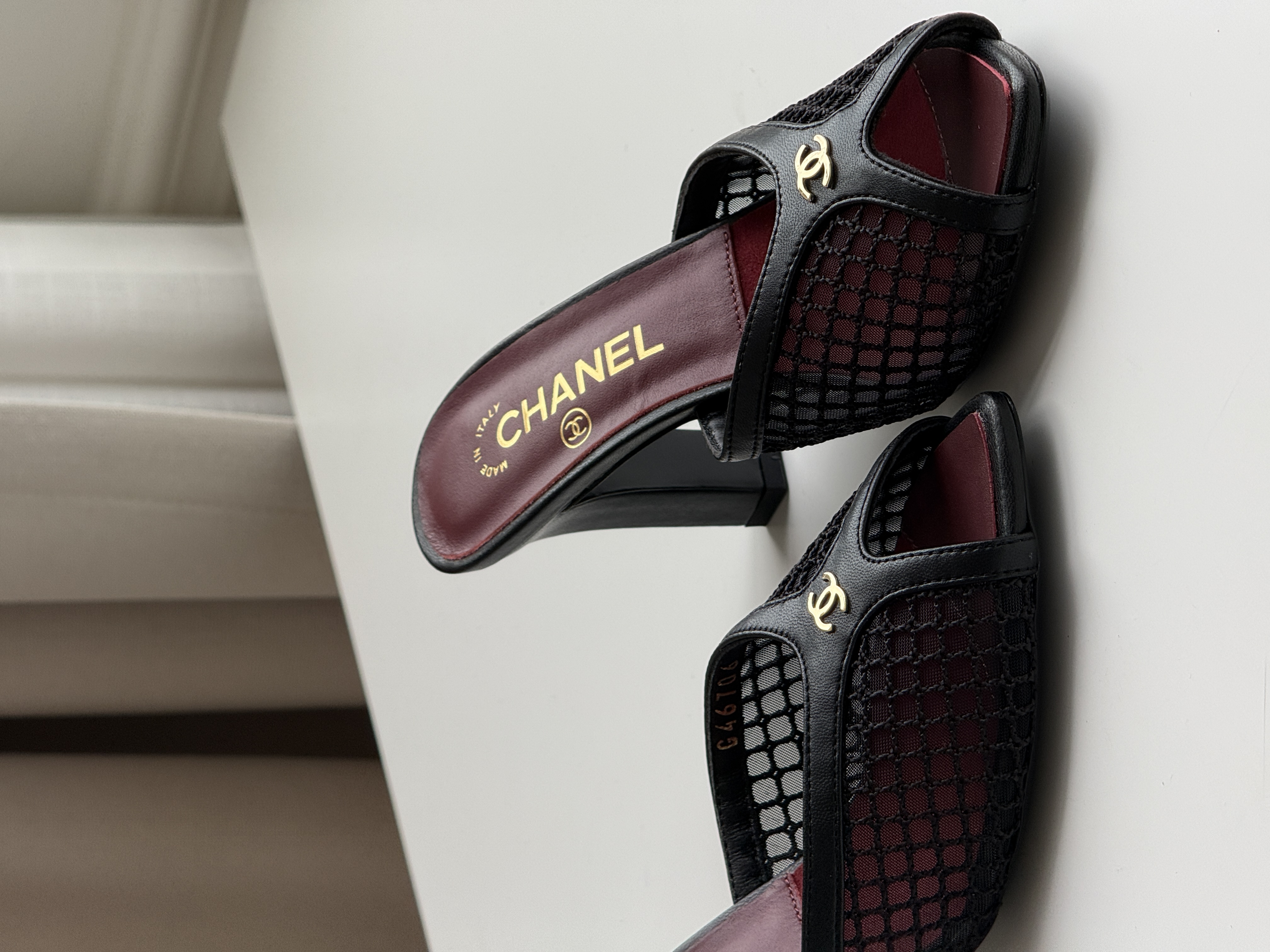 CHANEL Mesh Peep-Toe Block-Heel Mules