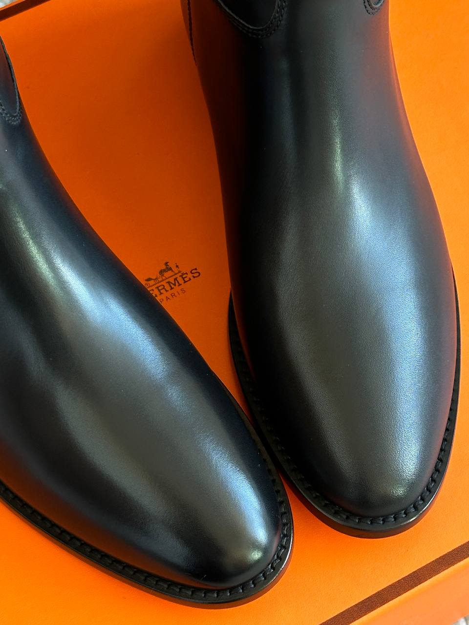 Hermès Kelly Buckle Black Polished Leather Straight Tall Riding Boots
