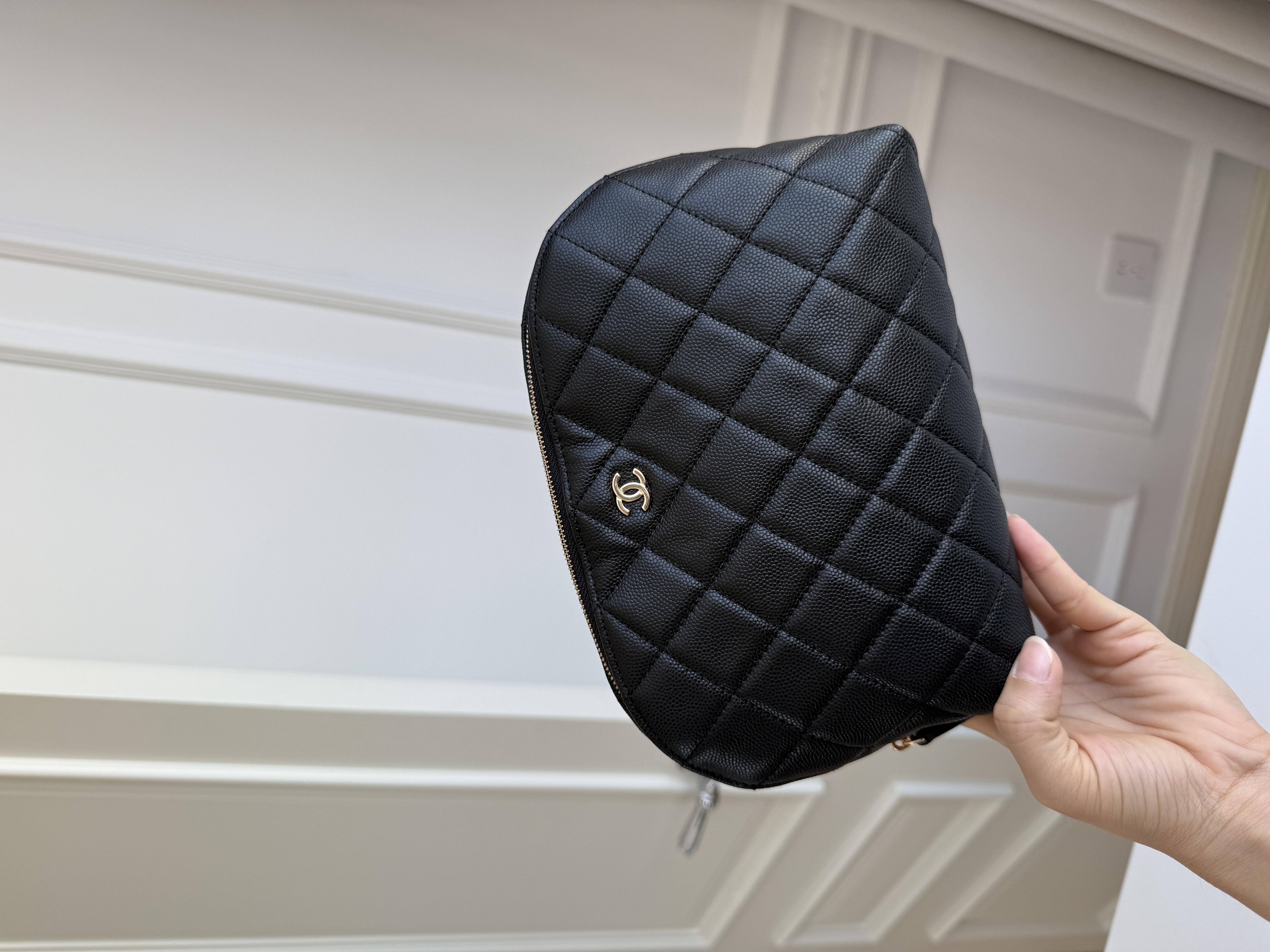 CHANEL Classic Quilted Caviar Leather Shell Cosmetic Pouch