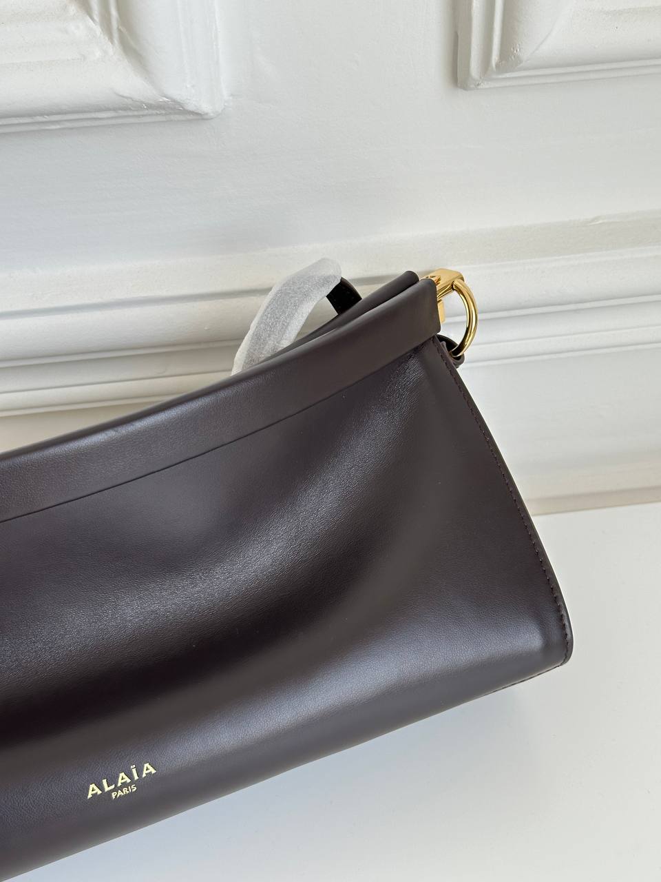 ALAÏA Dark Brown Smooth Calfskin Ruched Long Shoulder Bag, Detachable Strap Compatible