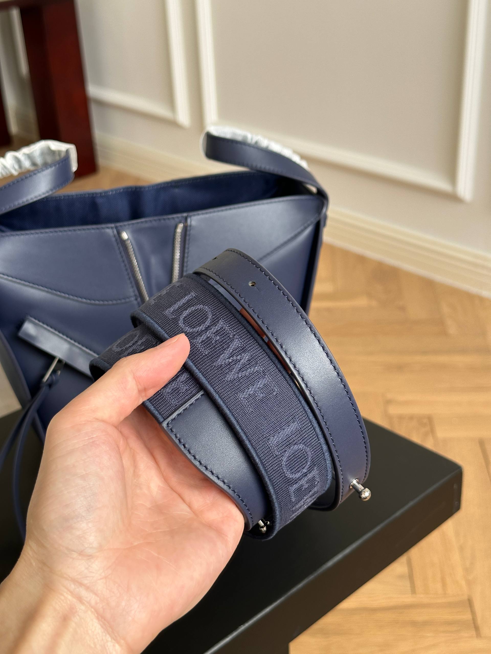 LOEWE Small Hammock Dark Navy Smooth Leather Bag with Anagram Webbing Strap