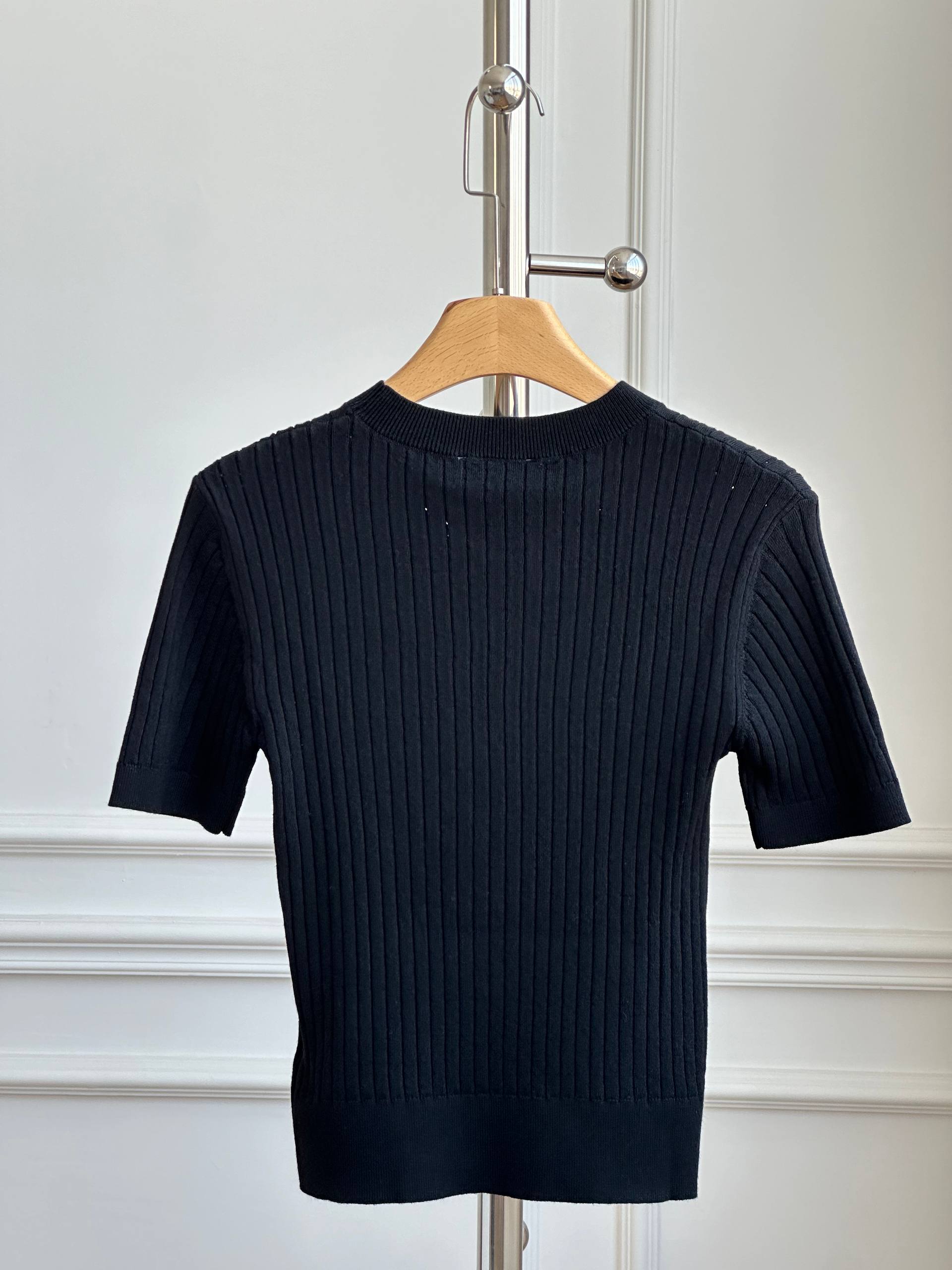 Chanel Ribbed Knit T-Shirt with Crystal CC Logo