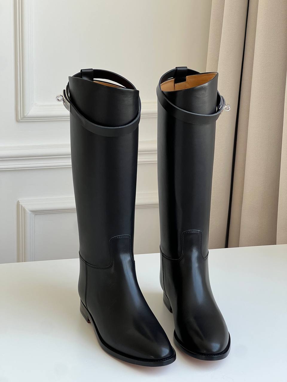 Black Smooth Leather Buckle Strap Low Heel Straight Knee-High Riding Boots