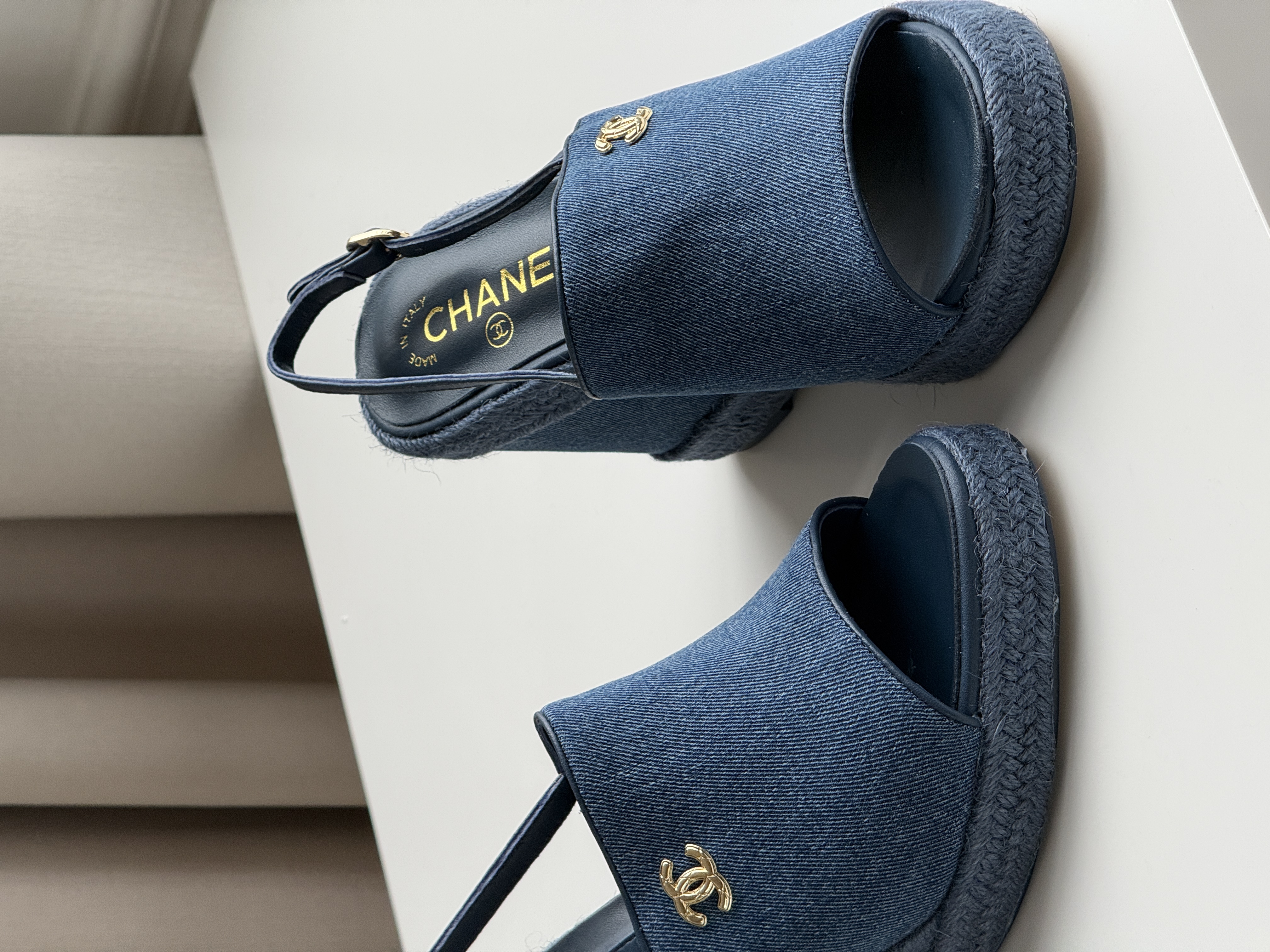 CHANEL Denim CC Logo Raffia Wedge Heel Slingback Peep Toe Sandals