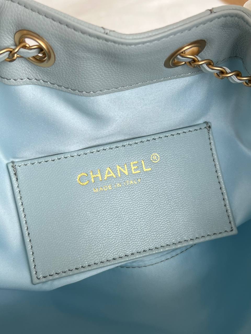Chanel Pale Ice Blue Caviar Leather CC Drawstring Quilted Flap Bucket Bag