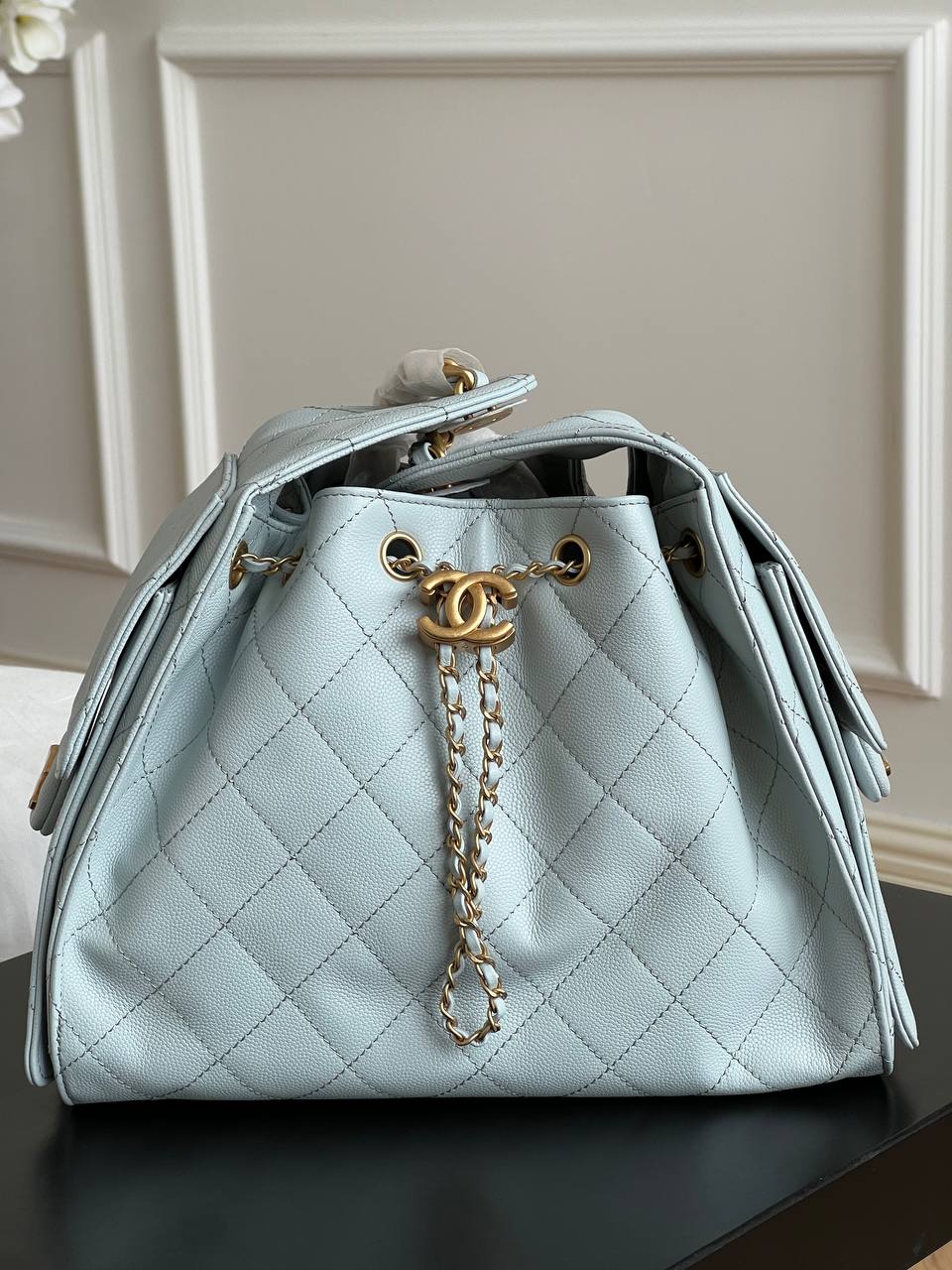 Chanel Pale Ice Blue Caviar Leather CC Drawstring Quilted Flap Bucket Bag